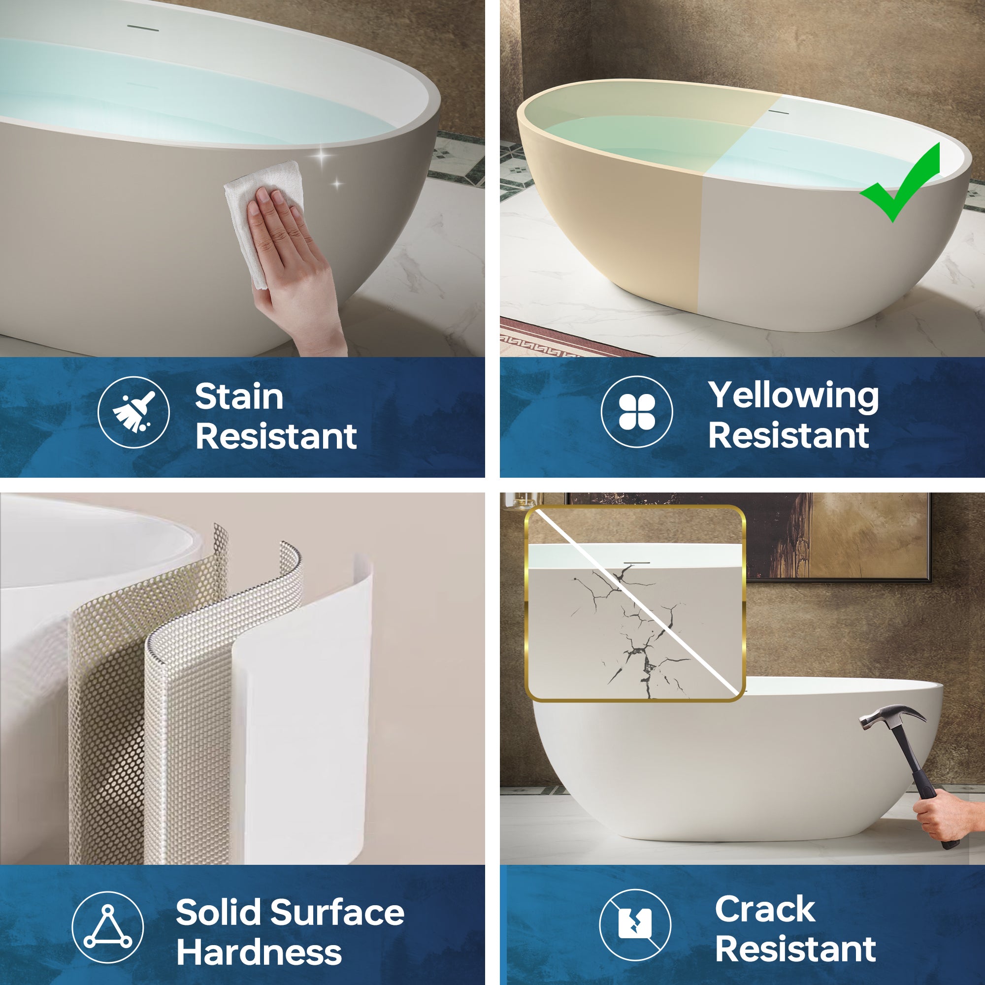 WOODBRIDGE 61" x 30-3/4" Solid Surface Stone Resin Freestanding Bathtub – Matte White (B0044-2.0)