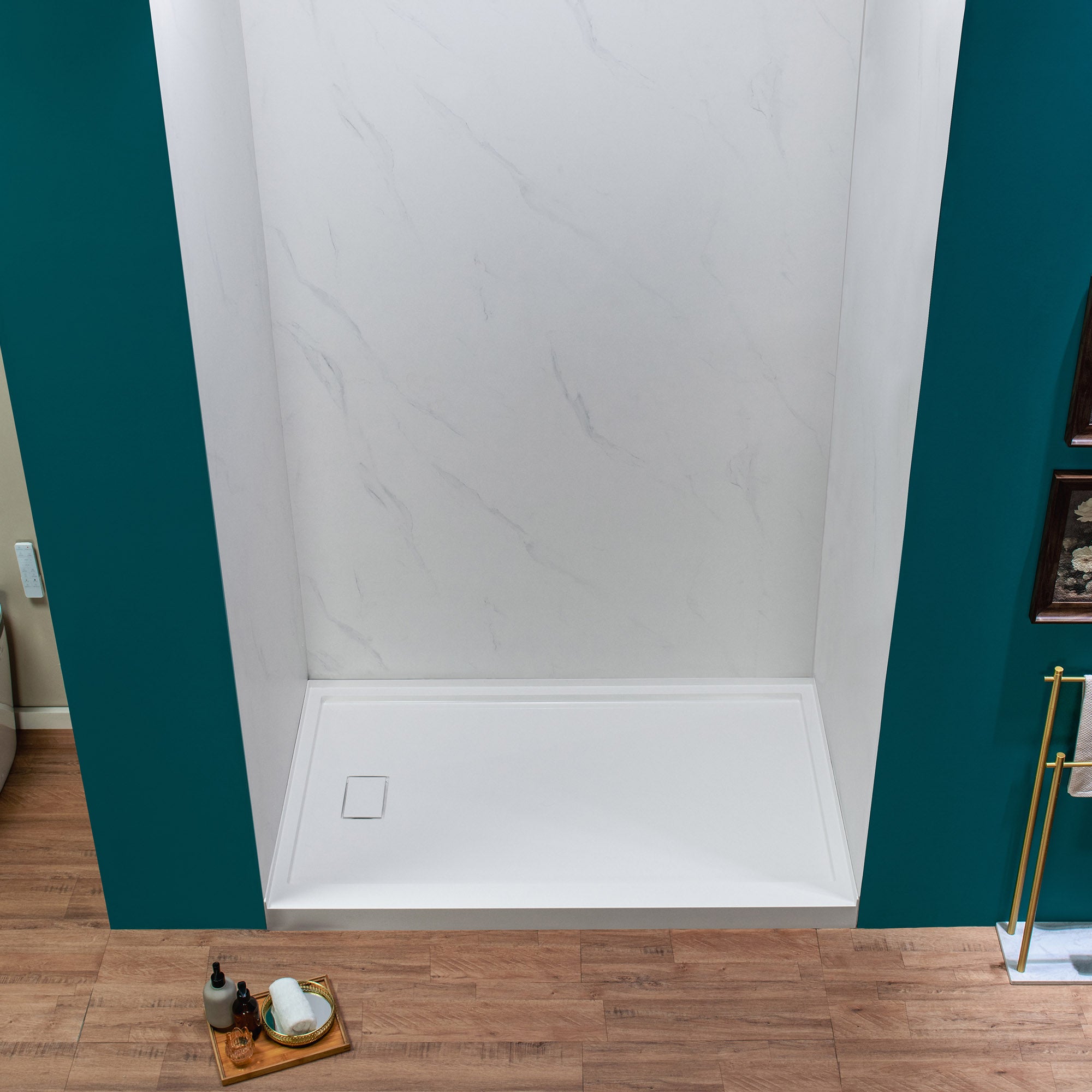 WOODBRIDGE 60" W x 96" H 3-Piece Solid Surface Tile Tub and Shower Wall Panel Surround Kit in Carrara White, Quick Install and Trimmable.