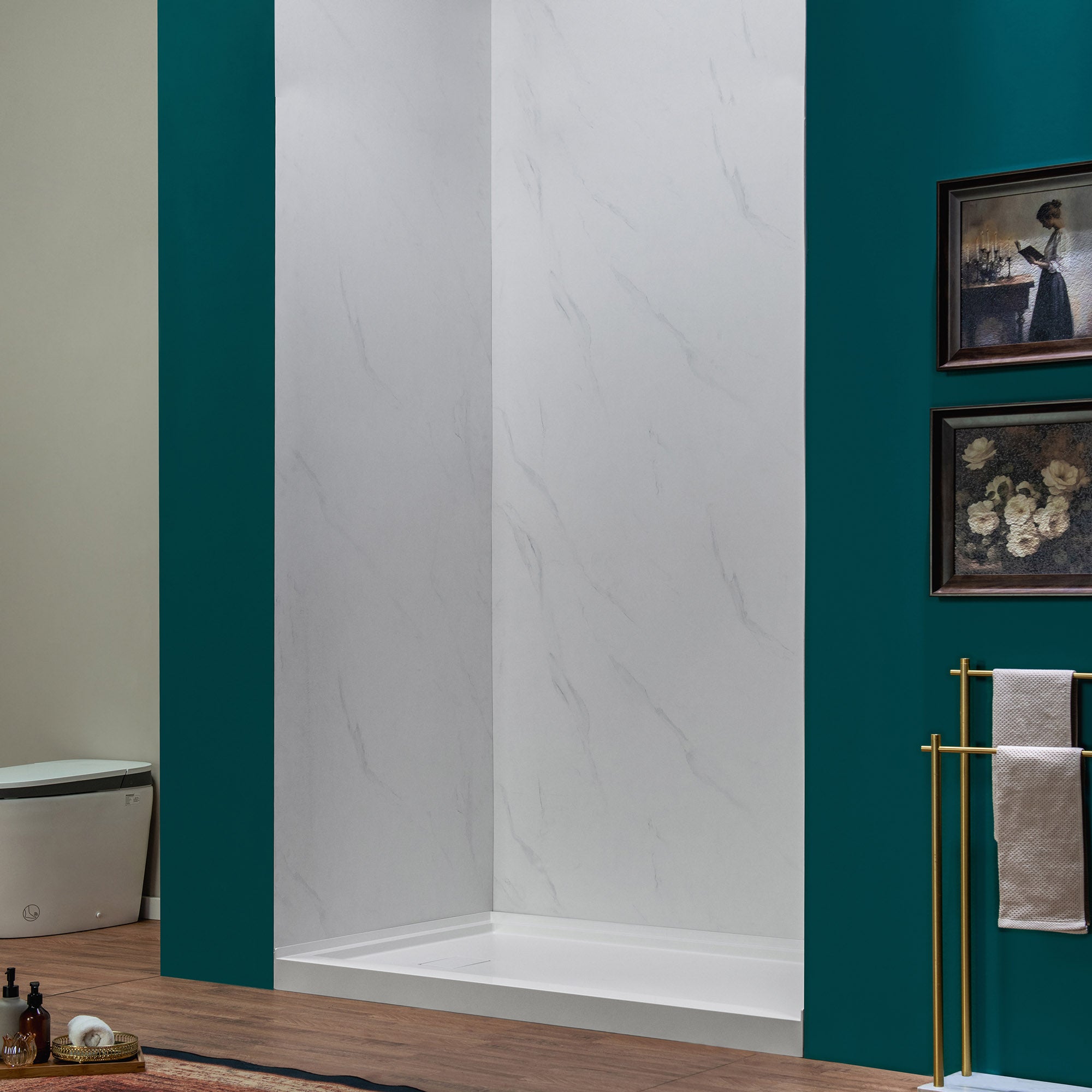 WOODBRIDGE 60" W x 96" H 3-Piece Solid Surface Tile Tub and Shower Wall Panel Surround Kit in Carrara White, Quick Install and Trimmable.