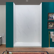 WOODBRIDGE 60" W x 96" H 3-Piece Solid Surface Tile Tub and Shower Wall Panel Surround Kit in Carrara White, Quick Install and Trimmable.