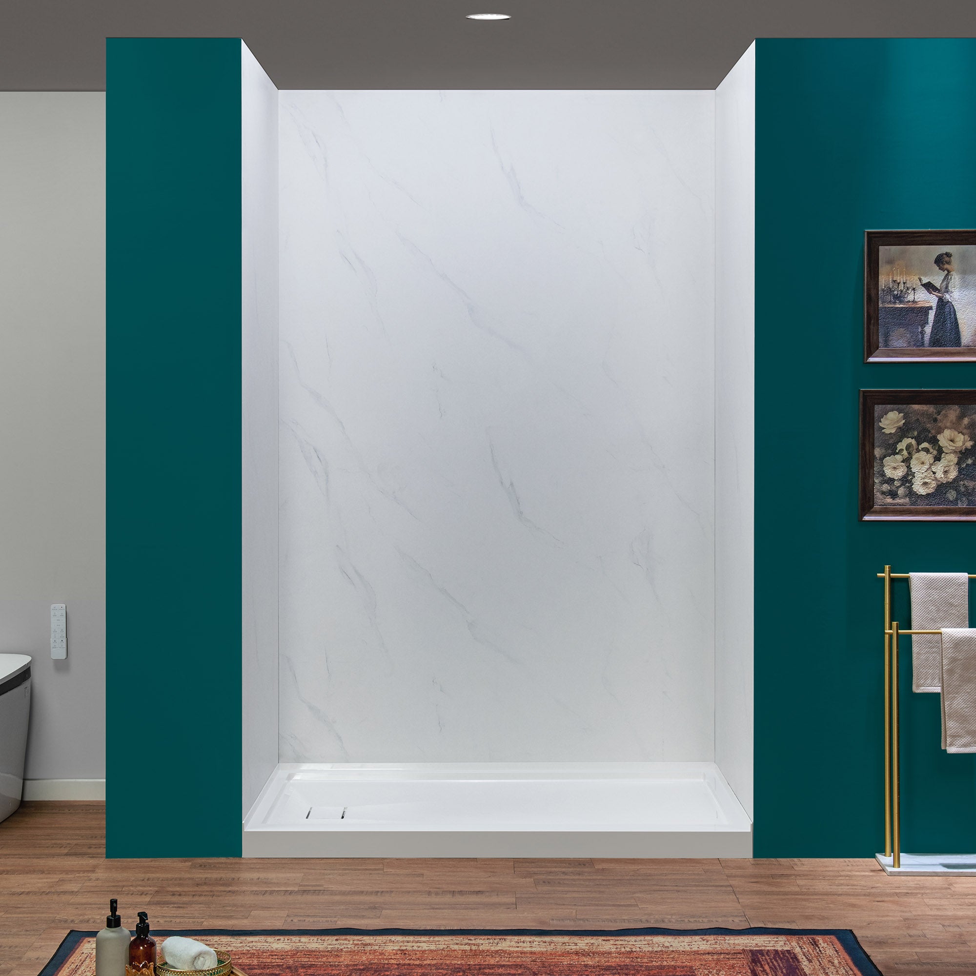 WOODBRIDGE 60" W x 96" H 3-Piece Solid Surface Tile Tub and Shower Wall Panel Surround Kit in Carrara White, Quick Install and Trimmable.