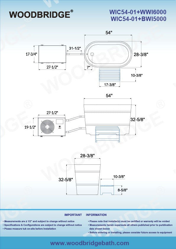 WOODBRIDGE 54" Indoor Cold Plunge Tub with 1.3 HP High-Performance Cooling and Heating Chiller in Gray, WIC54-01+BWI5000