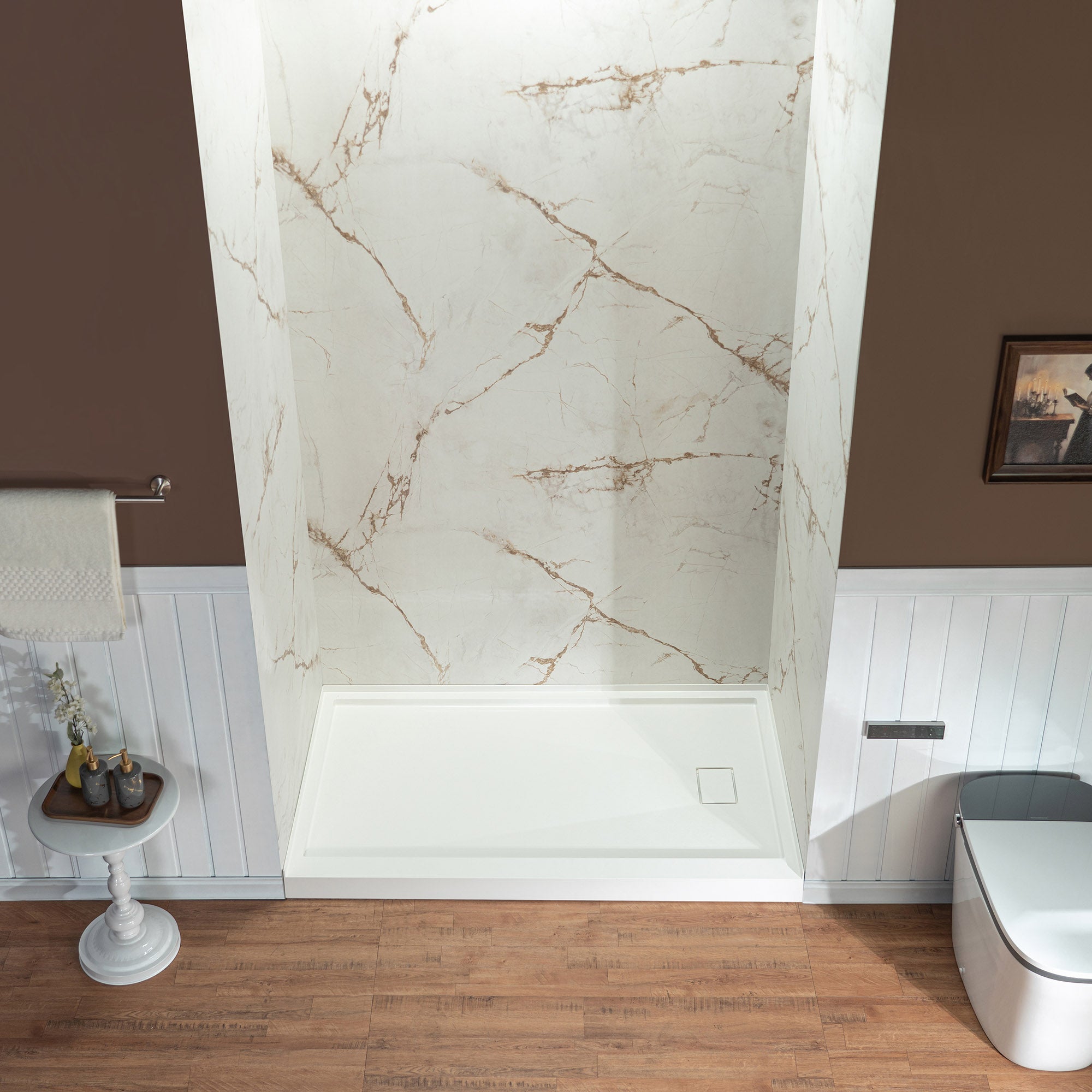 WOODBRIDGE 60" W x 96" H 3-Piece solid surface Tile Tub and Shower Wall Panel Surround Kit in Beige Marble with Soft Brown Veining (High Gloss Finish), Quick Install and Trimmable, 3/16" (5mm) Thick.