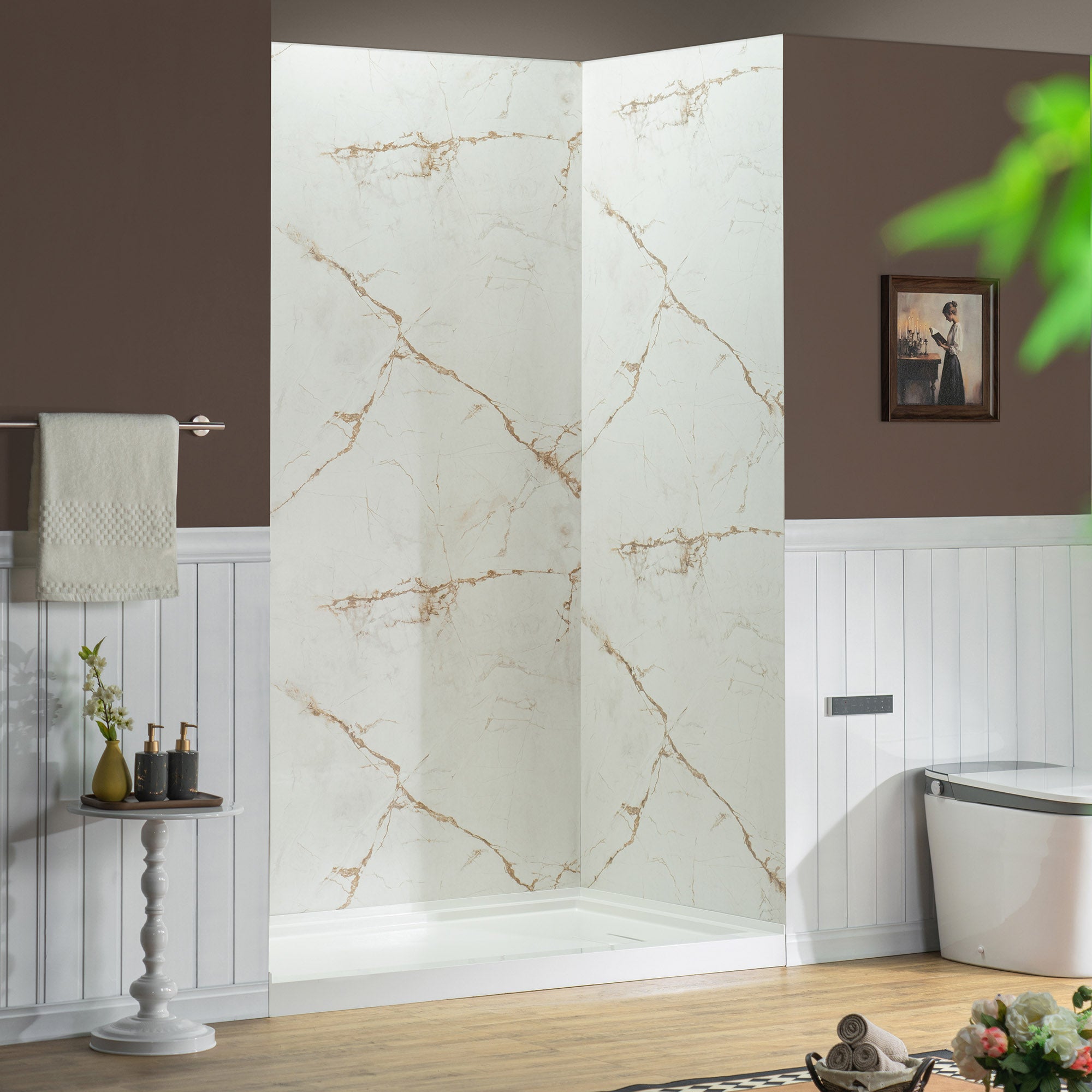 WOODBRIDGE 60" W x 96" H 3-Piece solid surface Tile Tub and Shower Wall Panel Surround Kit in Beige Marble with Soft Brown Veining (High Gloss Finish), Quick Install and Trimmable, 3/16" (5mm) Thick.
