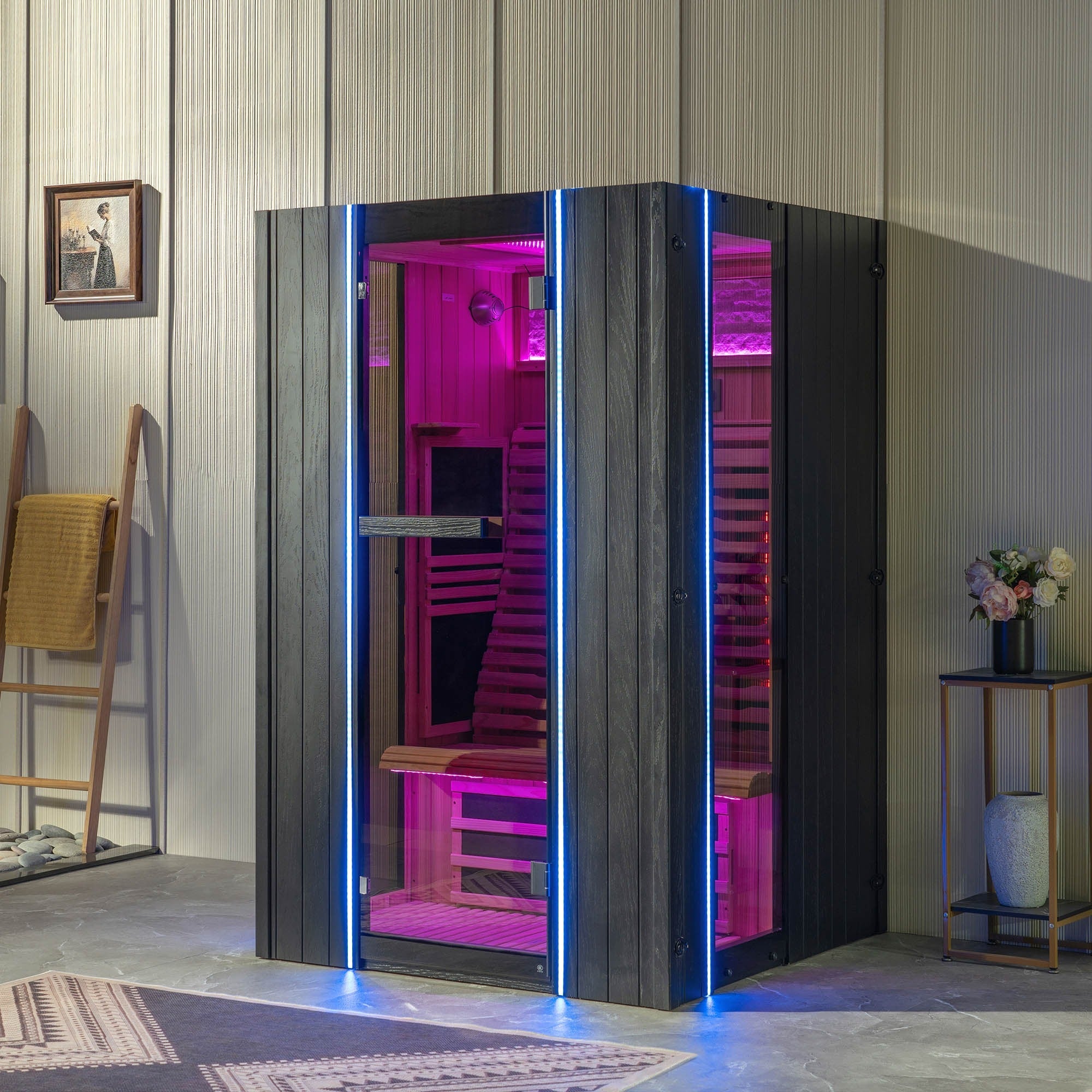 2-Person Indoor FAR Infrared  Black Sauna Crafted from Japanese Douglas Fir with Red Light Therapy, PEM-4747-B