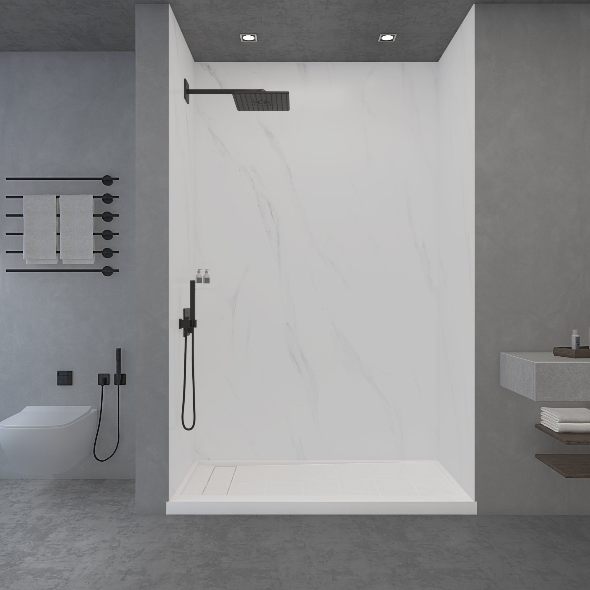 WOODBRIDGE 60" W x 96" H 3-Piece Solid Surface Tile Tub and Shower Wall Panel Surround Kit in Carrara White, Quick Install and Trimmable.