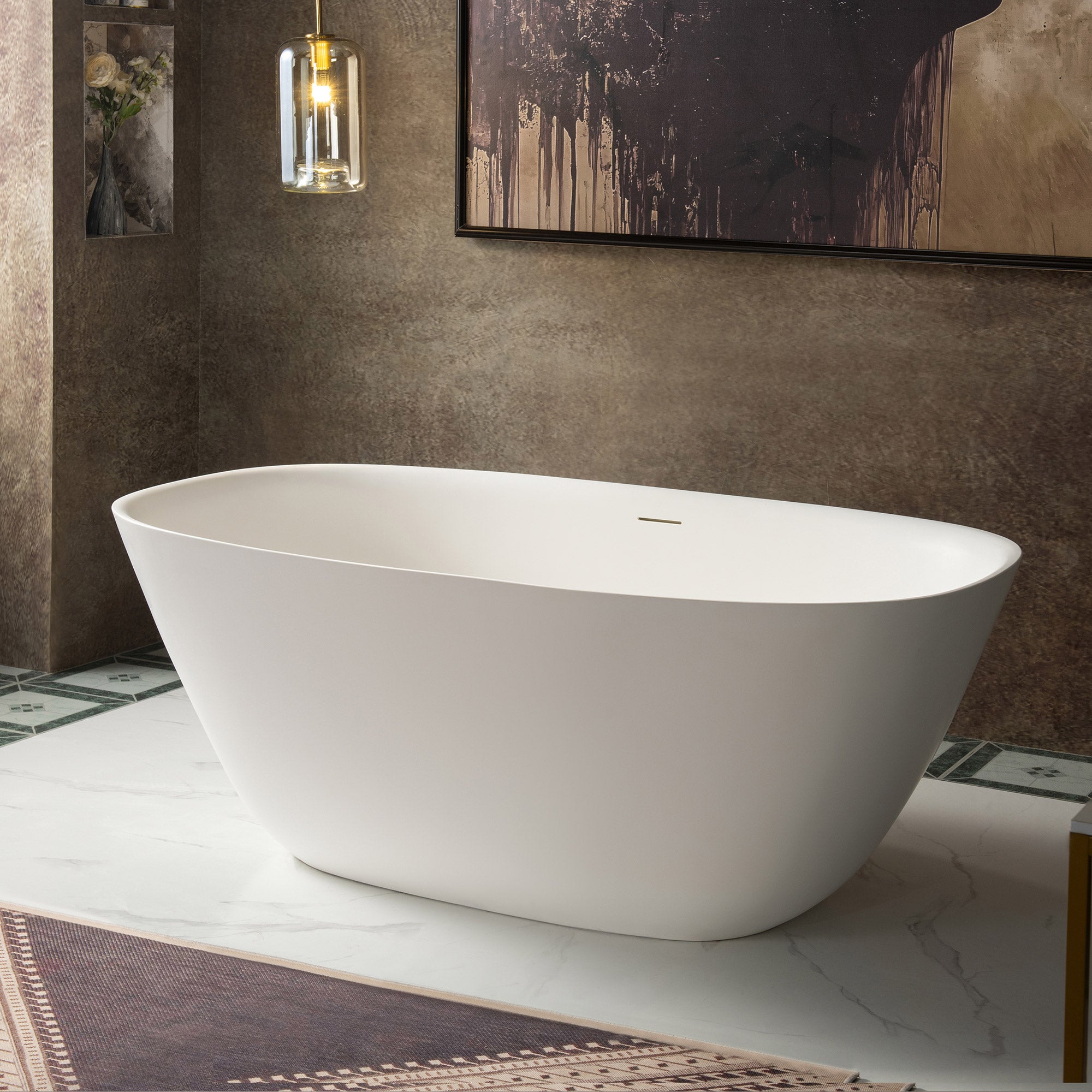 WOODBRIDGE 59" L x 32-5/8" W Luxury Contemporary Solid Surface Stone Resin Freestanding Bathtub in Matte White