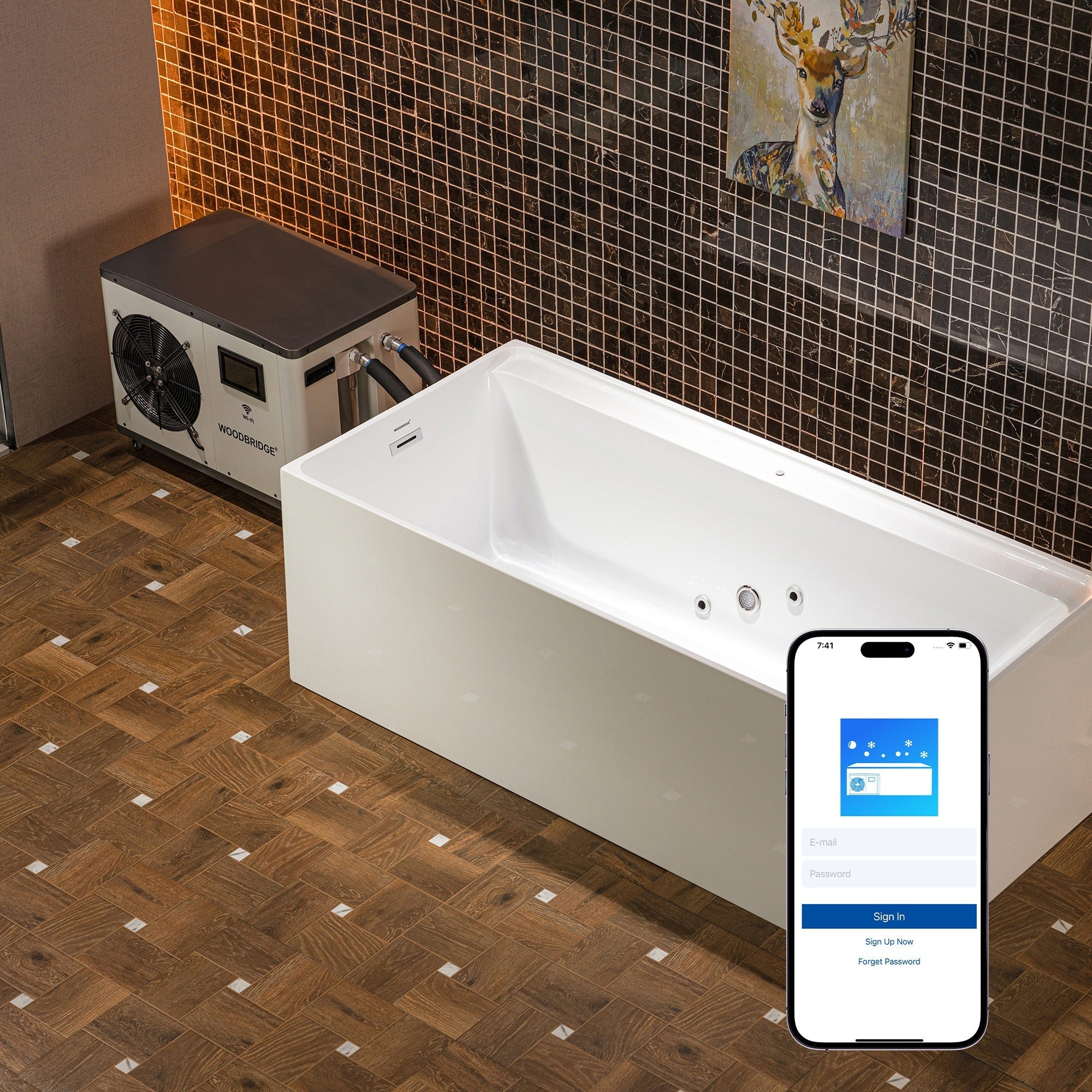 WOODBRIDGE 67" L x 31-1/2" W Freestanding Acrylic Cold Plunge Ice Tub, AIC6710+WWI6000