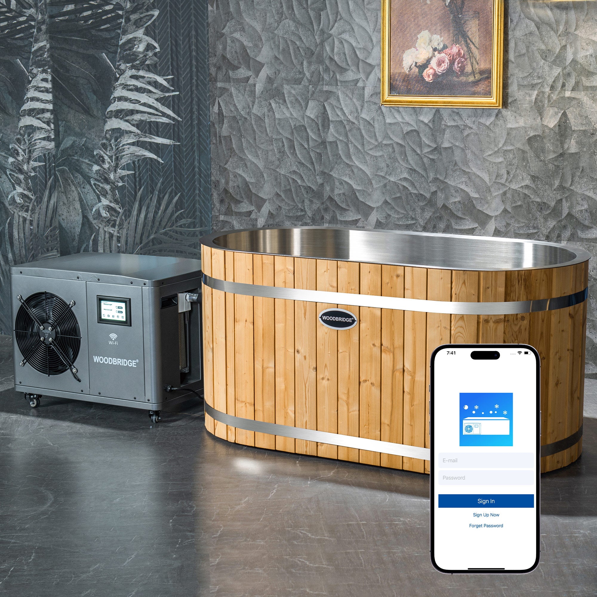 WOODBRIDGE 59" Indoor Cold Plunge Tub with 1.3 HP High-Performance Cooling and Heating Chiller in Gray, Ozone sanitation, Filter circulation system, WIFI-enabled & remote control via APP, Insulated tub cover