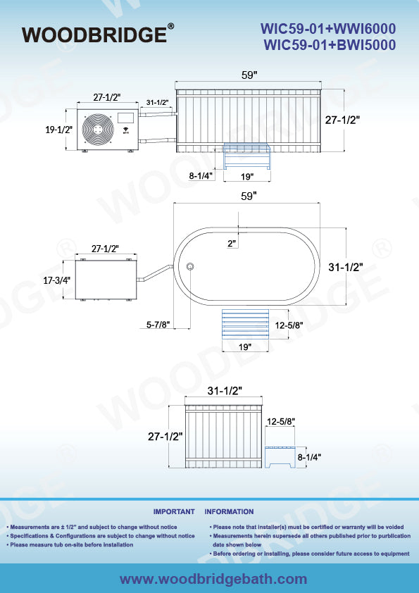 WOODBRIDGE 59" Indoor Cold Plunge Tub with 1.3 HP High-Performance Cooling and Heating Chiller in White, Ozone sanitation, Filter circulation system, WIFI-enabled & remote control via APP, Insulated tub cover