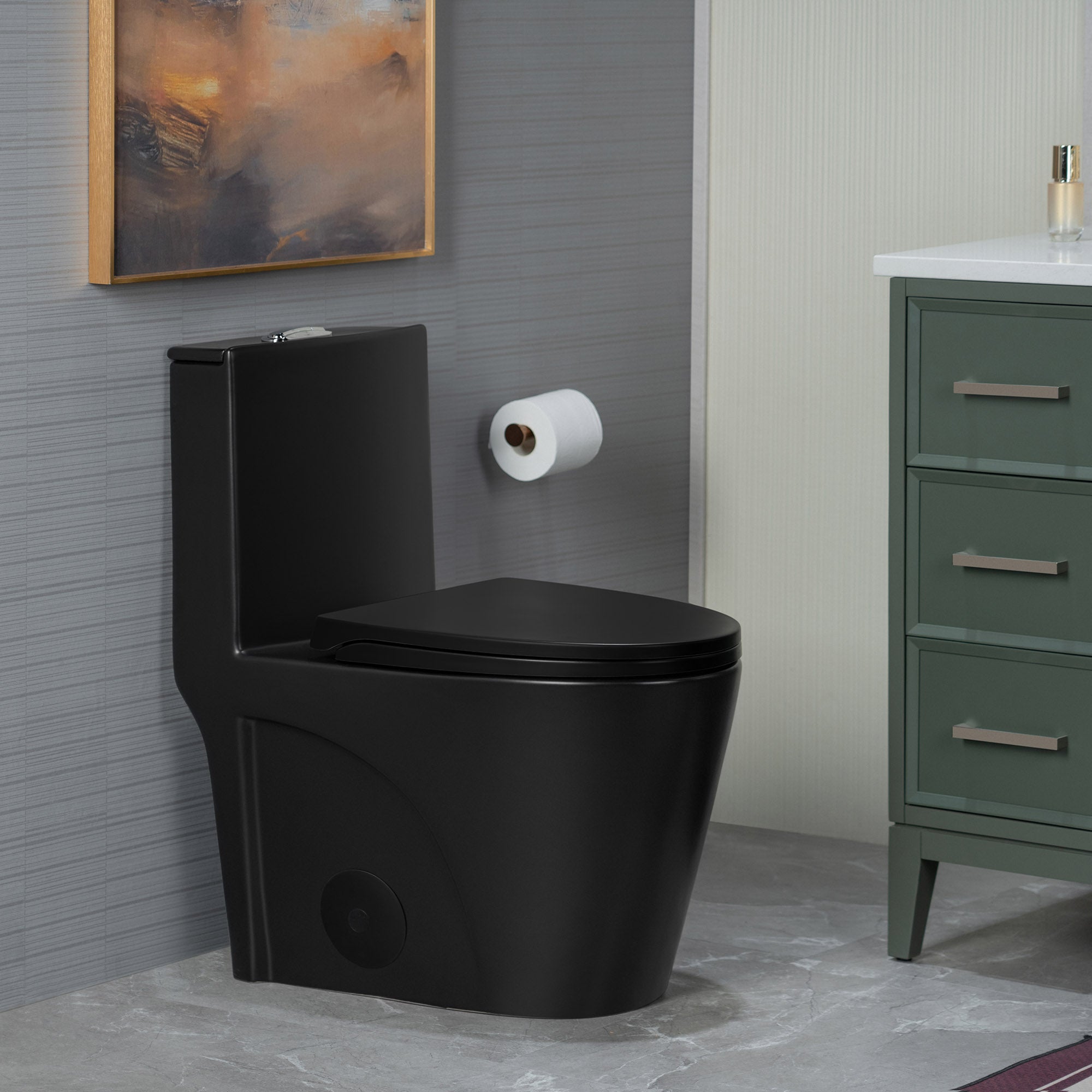 WOODBRIDGE WT002 Matte Black One-Piece ADA Chair Height Toilet – 1000g MaP, Dual Flush, Soft-Close Seat