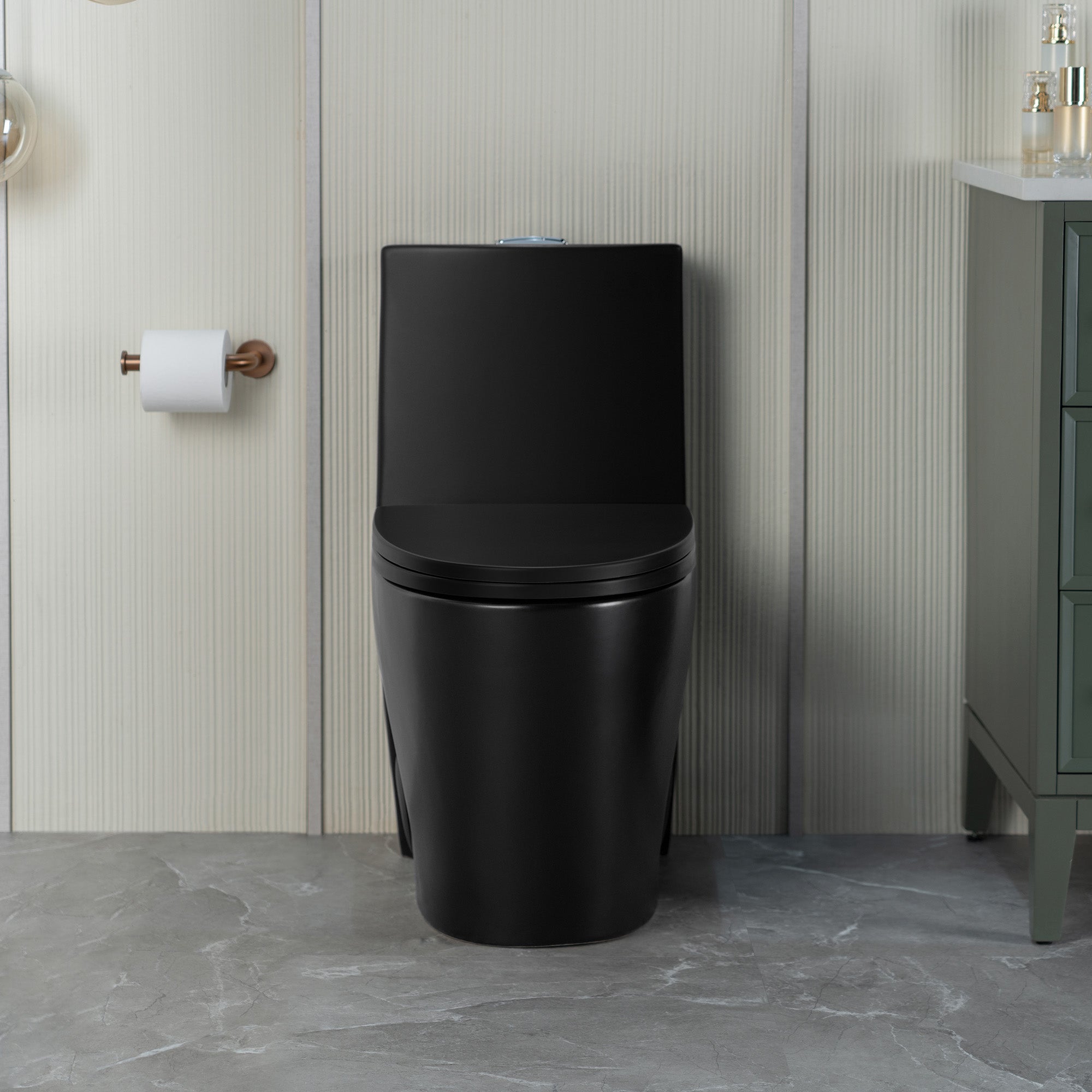 WOODBRIDGE WT002 Matte Black One-Piece ADA Chair Height Toilet – 1000g MaP, Dual Flush, Soft-Close Seat