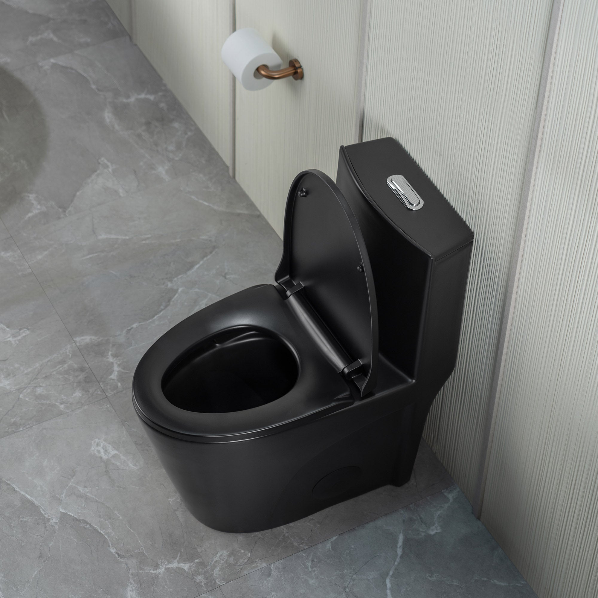 WOODBRIDGE WT002 Matte Black One-Piece ADA Chair Height Toilet – 1000g MaP, Dual Flush, Soft-Close Seat