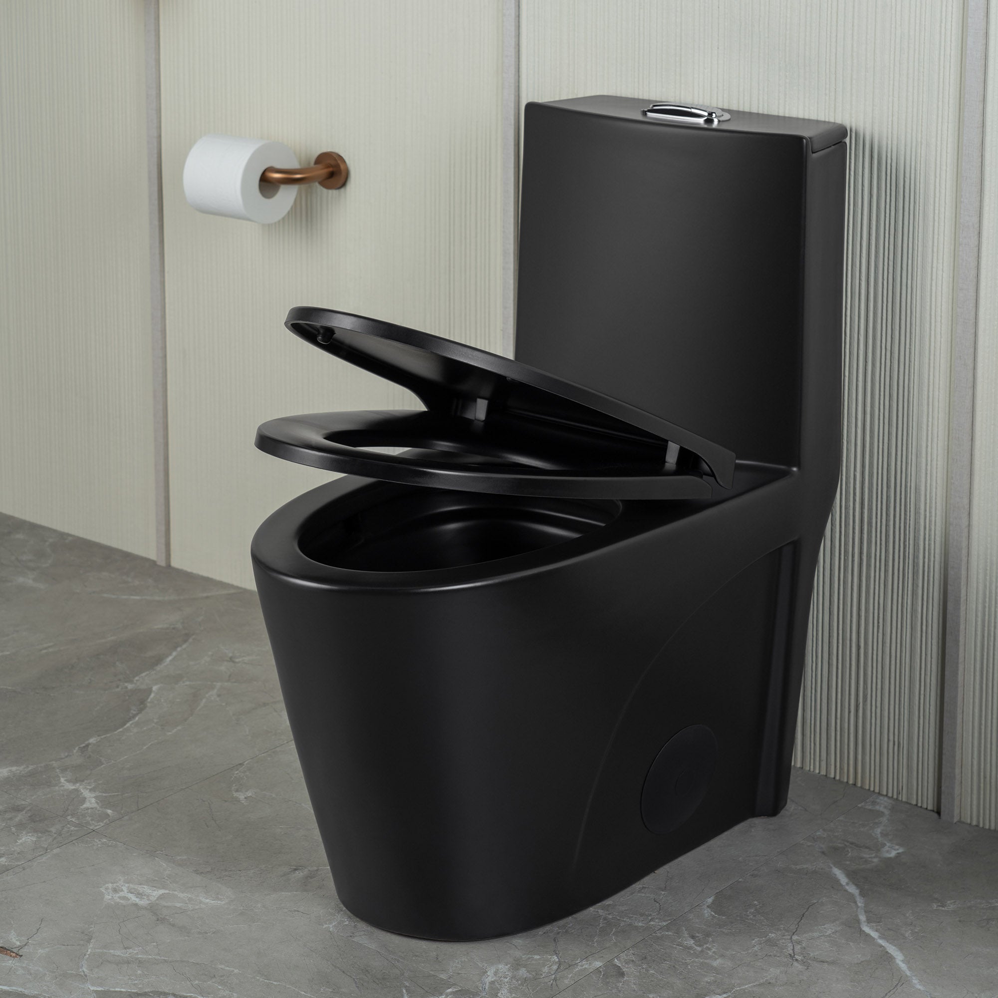 WOODBRIDGE WT002 Matte Black One-Piece ADA Chair Height Toilet – 1000g MaP, Dual Flush, Soft-Close Seat
