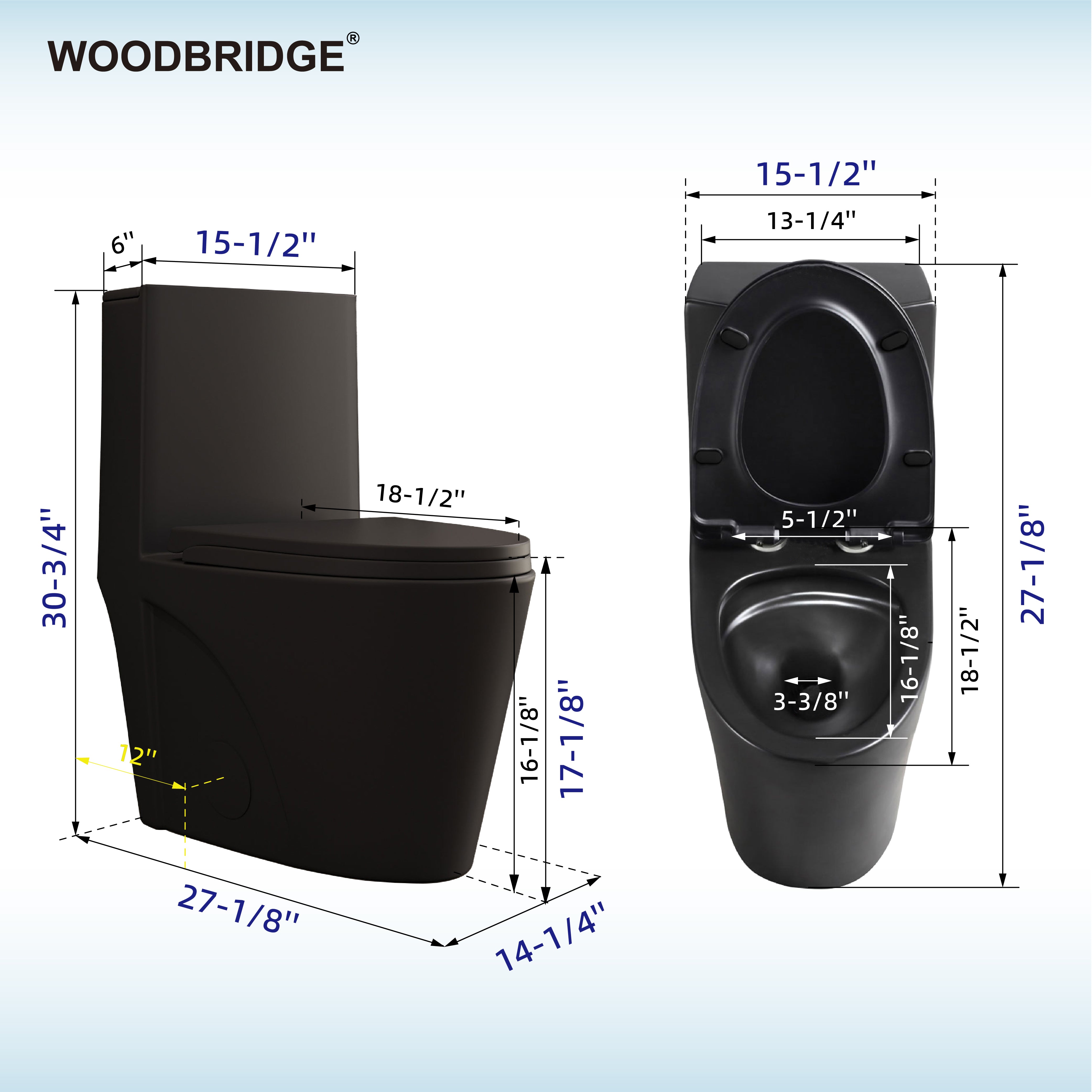 WOODBRIDGE WT002 Matte Black One-Piece ADA Chair Height Toilet – 1000g MaP, Dual Flush, Soft-Close Seat