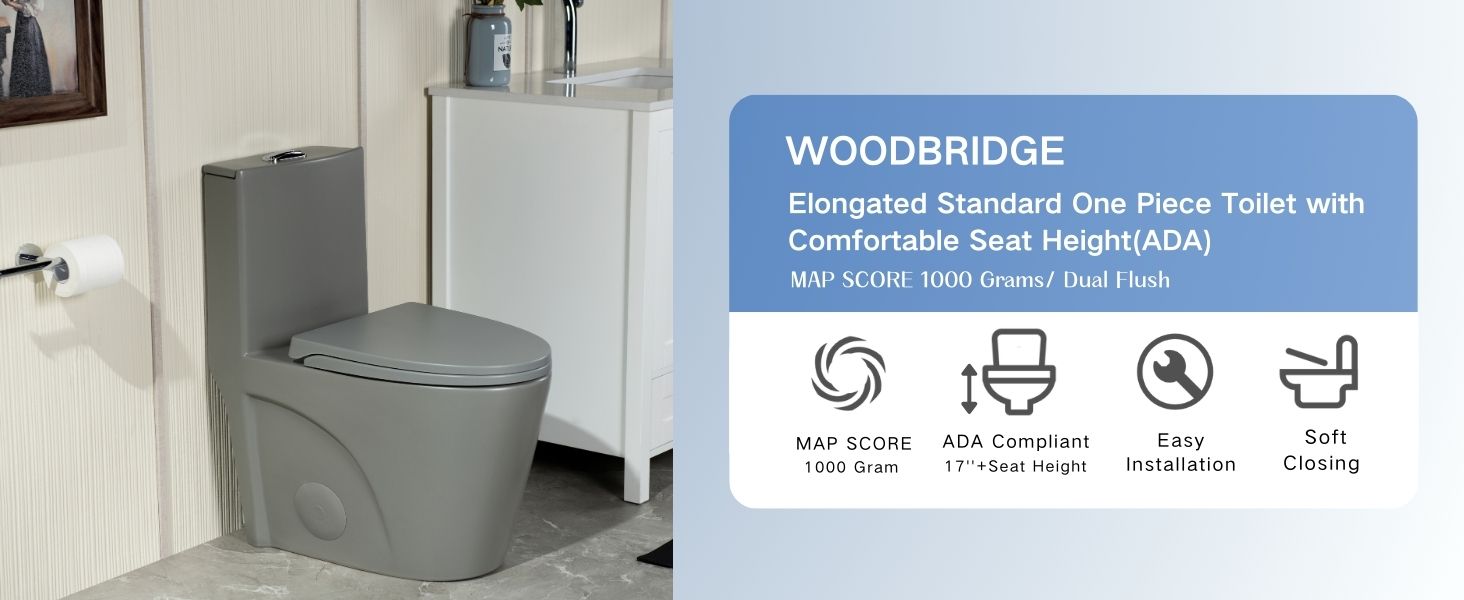 WOODBRIDGE WT003 Light Gray One-Piece Toilet – ADA Chair Height & 1000g MaP Flush