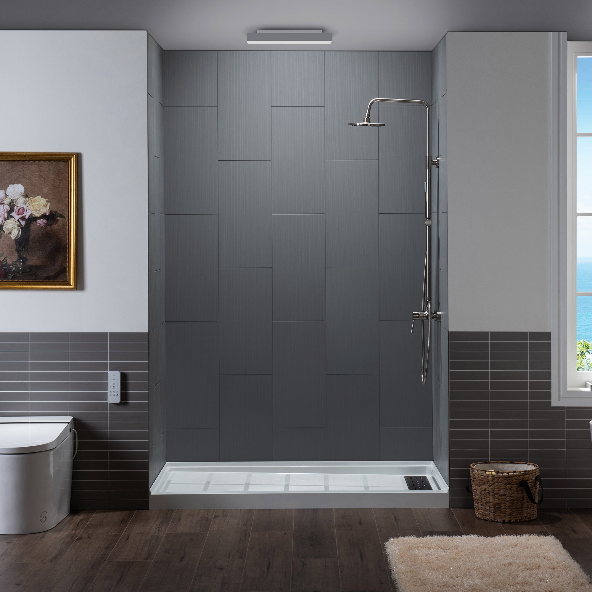 WOODBRIDGE Solid Surface 60" WTile Tub and Shower Wall Panel Surround, Quick Install, Cuttable, Stacked Block in a Staggered Vertical Pattern. Matte Gray Finish