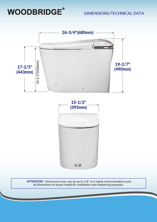 WOODBRIDGE GT071 ADA Height Smart Toilet - Auto Lid Open/Close, Foot Sensor, Zero Pressure System, Aromatherapy System, UV Self-Cleaning Nozzle, Multi-Function Washing & Warm Air Dry