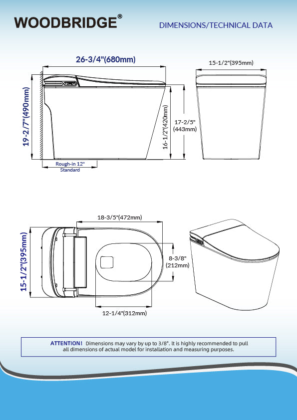 WOODBRIDGE GT071 ADA Height Smart Toilet - Auto Lid Open/Close, Foot Sensor, Zero Pressure System, Aromatherapy System, UV Self-Cleaning Nozzle, Multi-Function Washing & Warm Air Dry