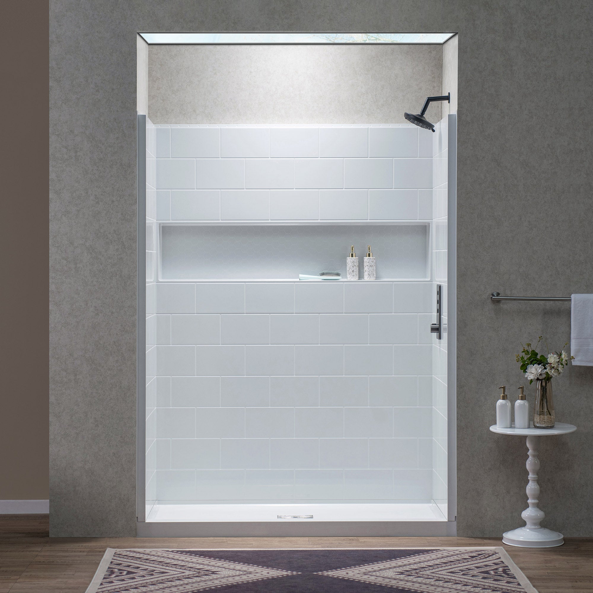 WOODBRIDGE 4-Piece Solid Surface Tile-style Shower Wall Panel Surround Kit, 60"W x 32"D, Staggered Brick Pattern, Easy to Install, High Gloss White Finish