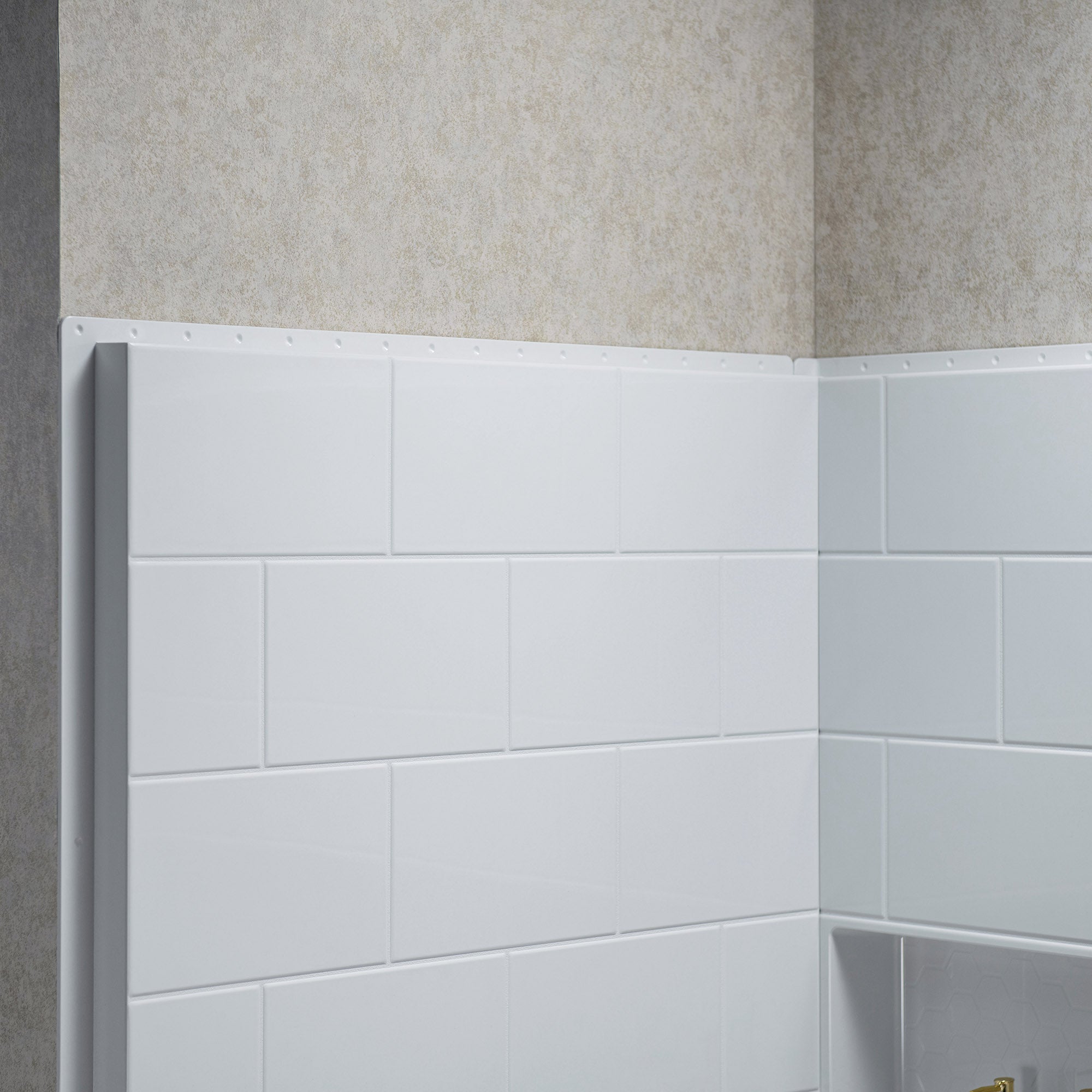 WOODBRIDGE 4-Piece Solid Surface Tile-style Shower Wall Panel Surround Kit, 60"W x 32"D, Staggered Brick Pattern, Easy to Install, High Gloss White Finish