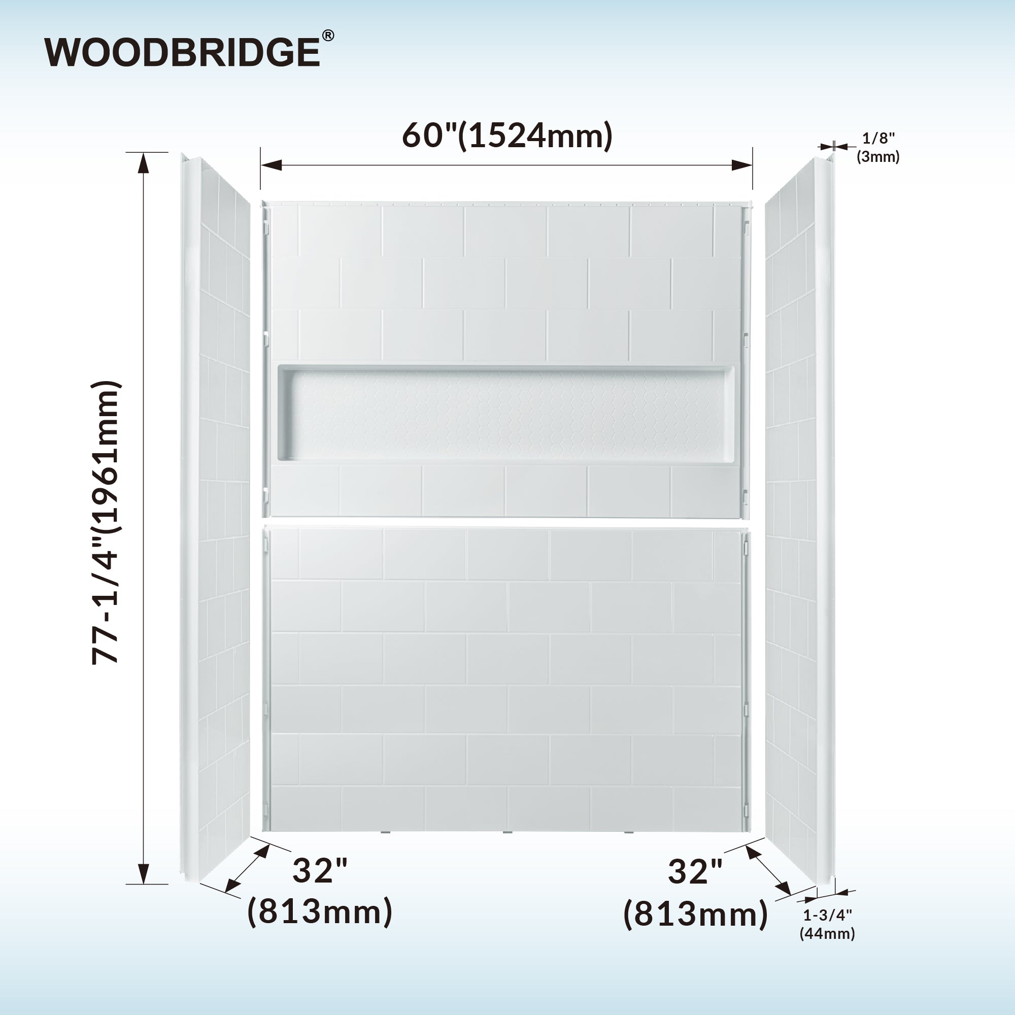WOODBRIDGE 4-Piece Solid Surface Tile-style Shower Wall Panel Surround Kit, 60"W x 32"D, Staggered Brick Pattern, Easy to Install, High Gloss White Finish