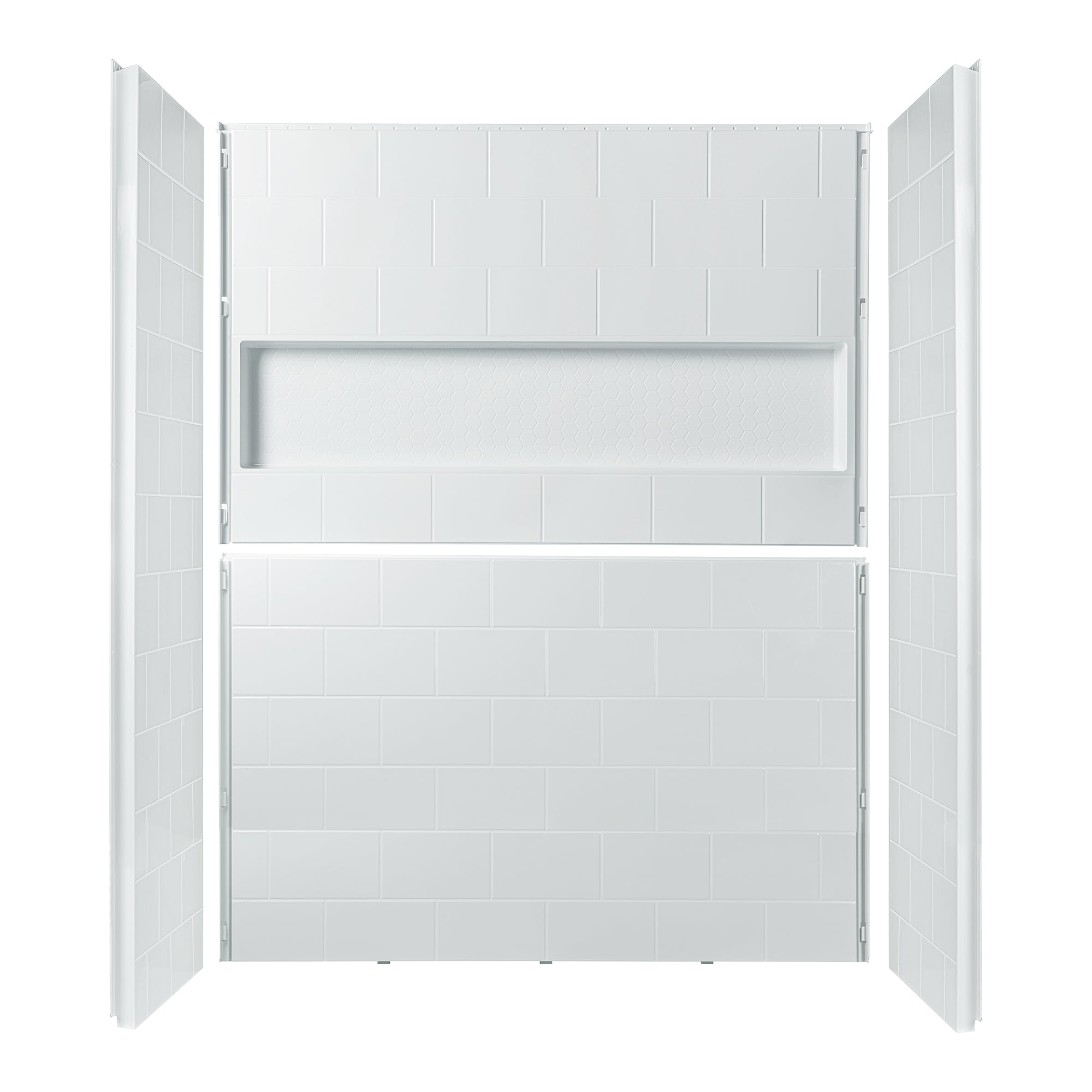 WOODBRIDGE 4-Piece Solid Surface Tile-style Shower Wall Panel Surround Kit, 60"W x 32"D, Staggered Brick Pattern, Easy to Install, High Gloss White Finish