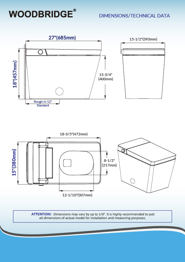 WOODBRIDGE EBT-MB03 One-Piece Square Smart Toilet Bidet with Tank, Auto Open & Close, Foot Sensor, Auto Flush, Multiple Spray Modes, Heated Seat, Warm Water, Air Dryer, Matte Black