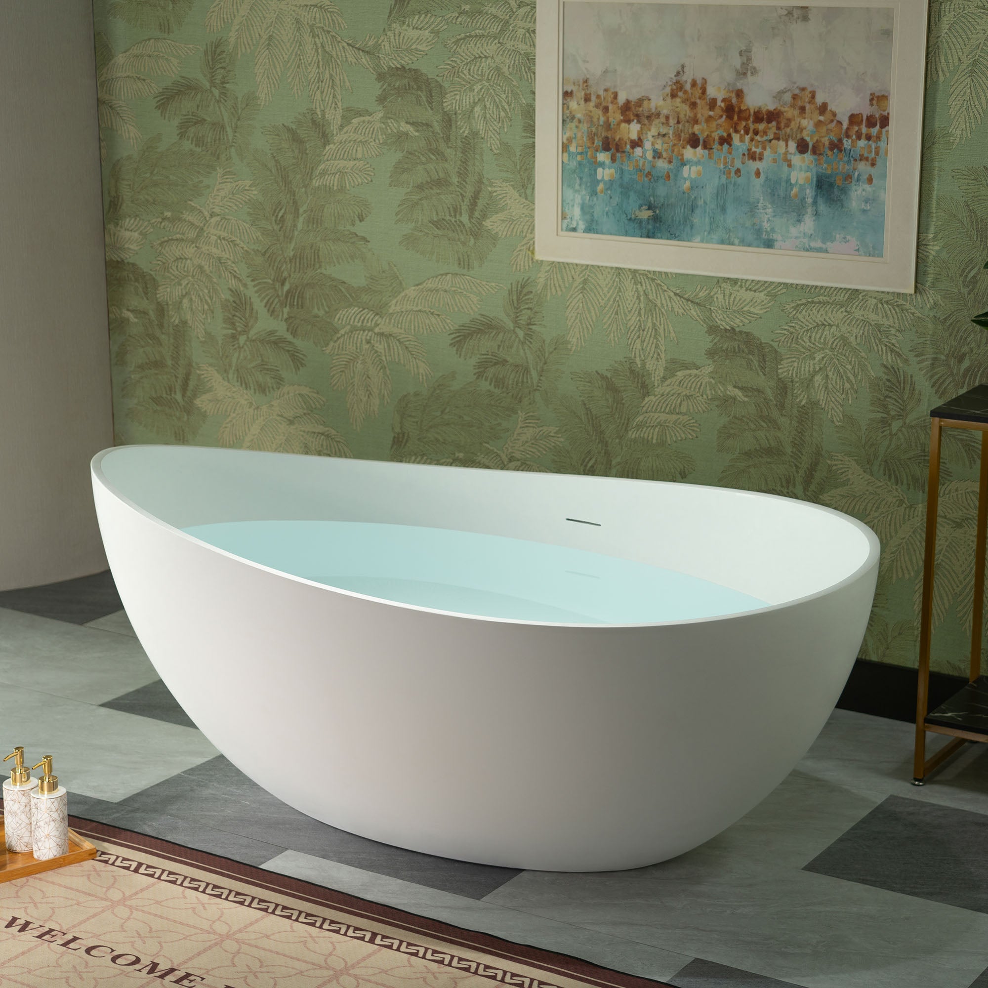 WOODBRIDGE 63" L x 35-3/8" W Luxury Contemporary Solid Surface Stone Resin Freestanding Bathtub in Matte White, MST0807