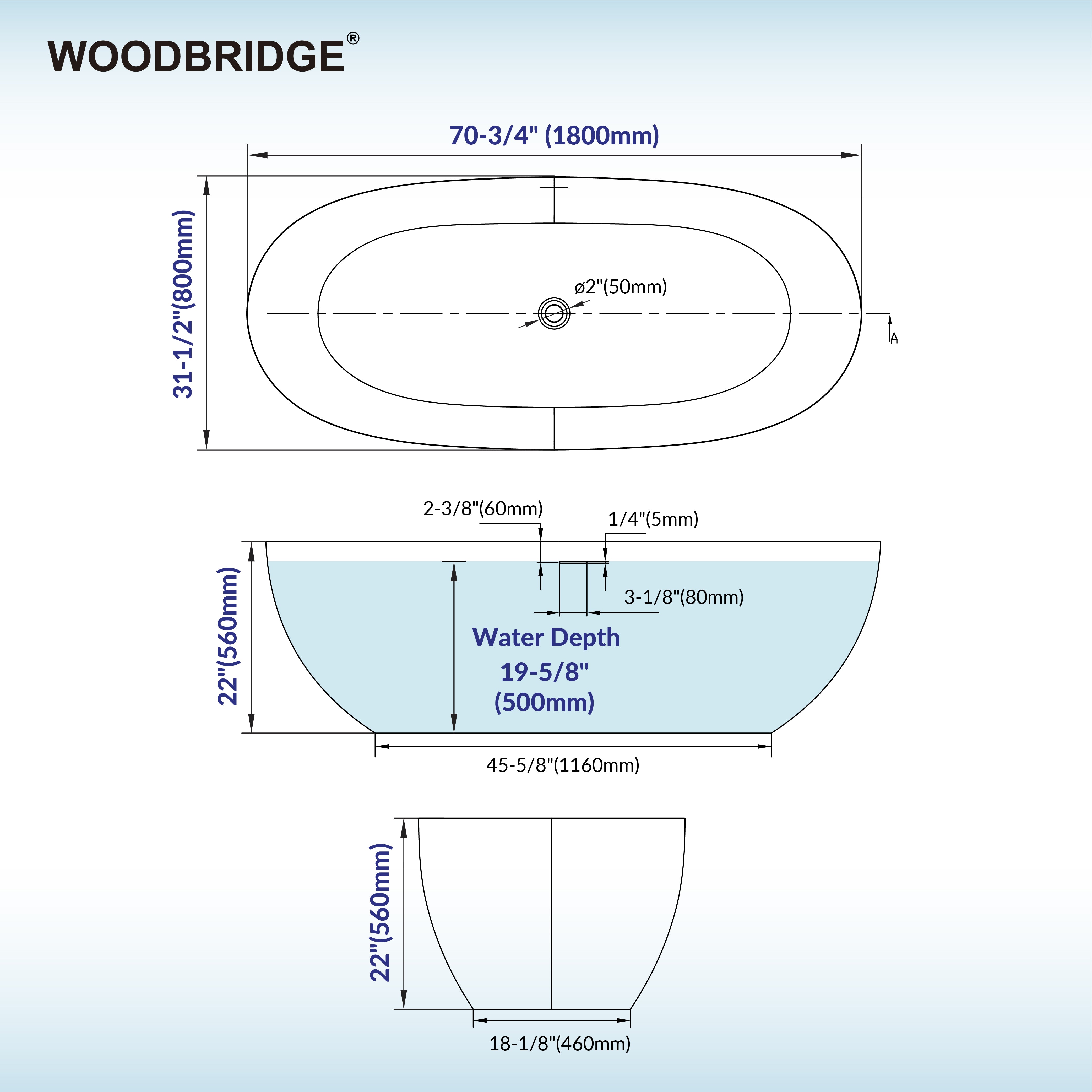 WOODBRIDGE 71"L x 31-1/2" W Luxury Contemporary Solid Surface Stone Resin Freestanding Bathtub in Matte White, MST0805