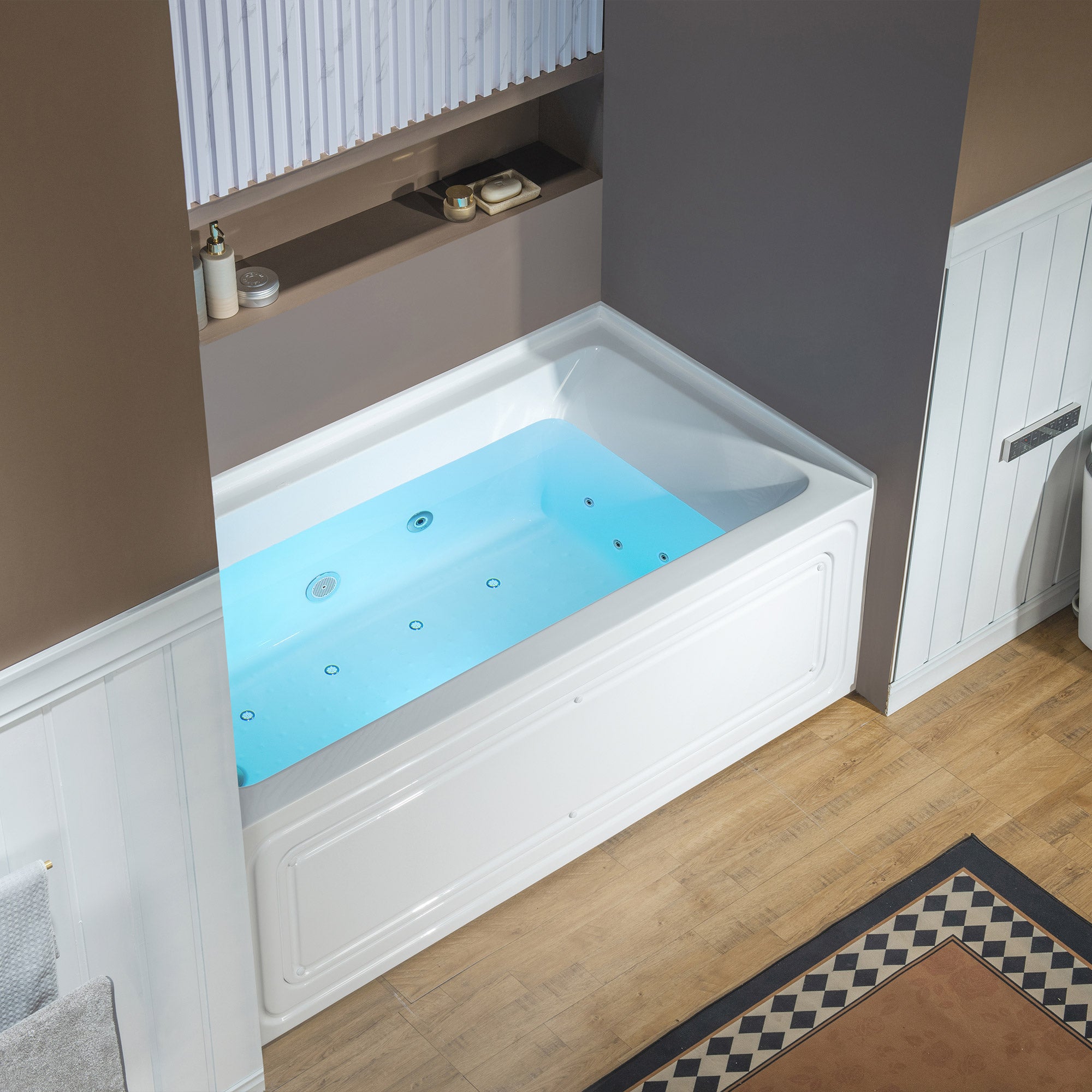 WOODBRIDGE 60" x 32" Alcove Acrylic Rectangular Whirlpool and Air Heated Tub in White with Left Drain, Polished Chrome Finish Trim and Drain Kit Included, DF606-L-CH01