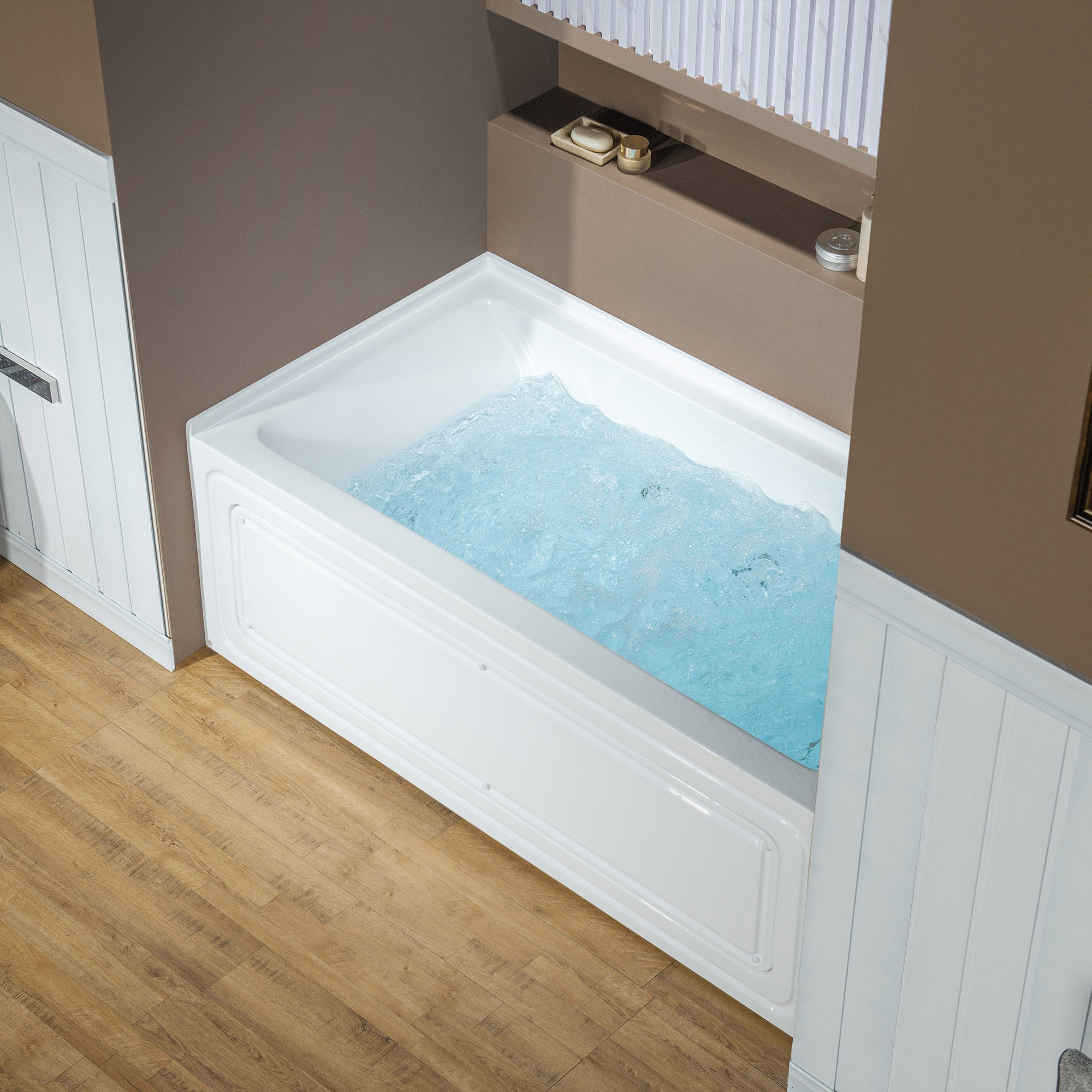 WOODBRIDGE 60" x 32" Alcove Acrylic Rectangular Whirlpool and Air Heated Tub in White with right Drain, Polished Chrome Finish Trim and Drain Kit Included, DF631-R-CH01