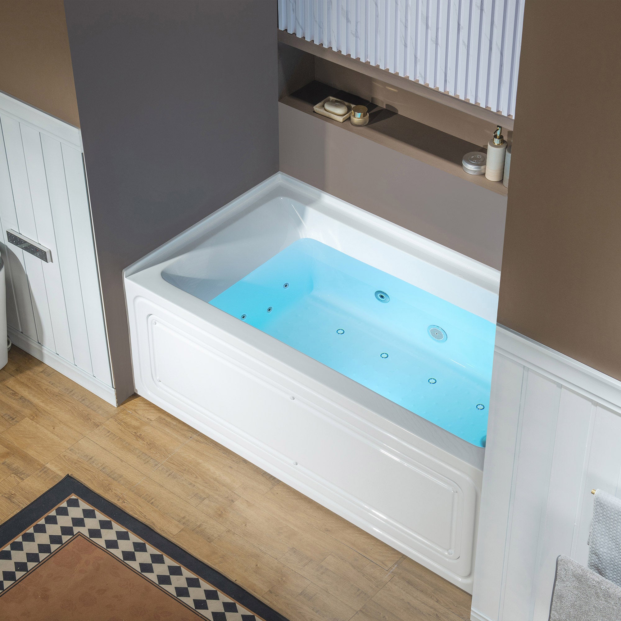 WOODBRIDGE 60" x 32" Alcove Acrylic Rectangular Whirlpool and Air Heated Tub in White with right Drain, Polished Chrome Finish Trim and Drain Kit Included, DF631-R-CH01