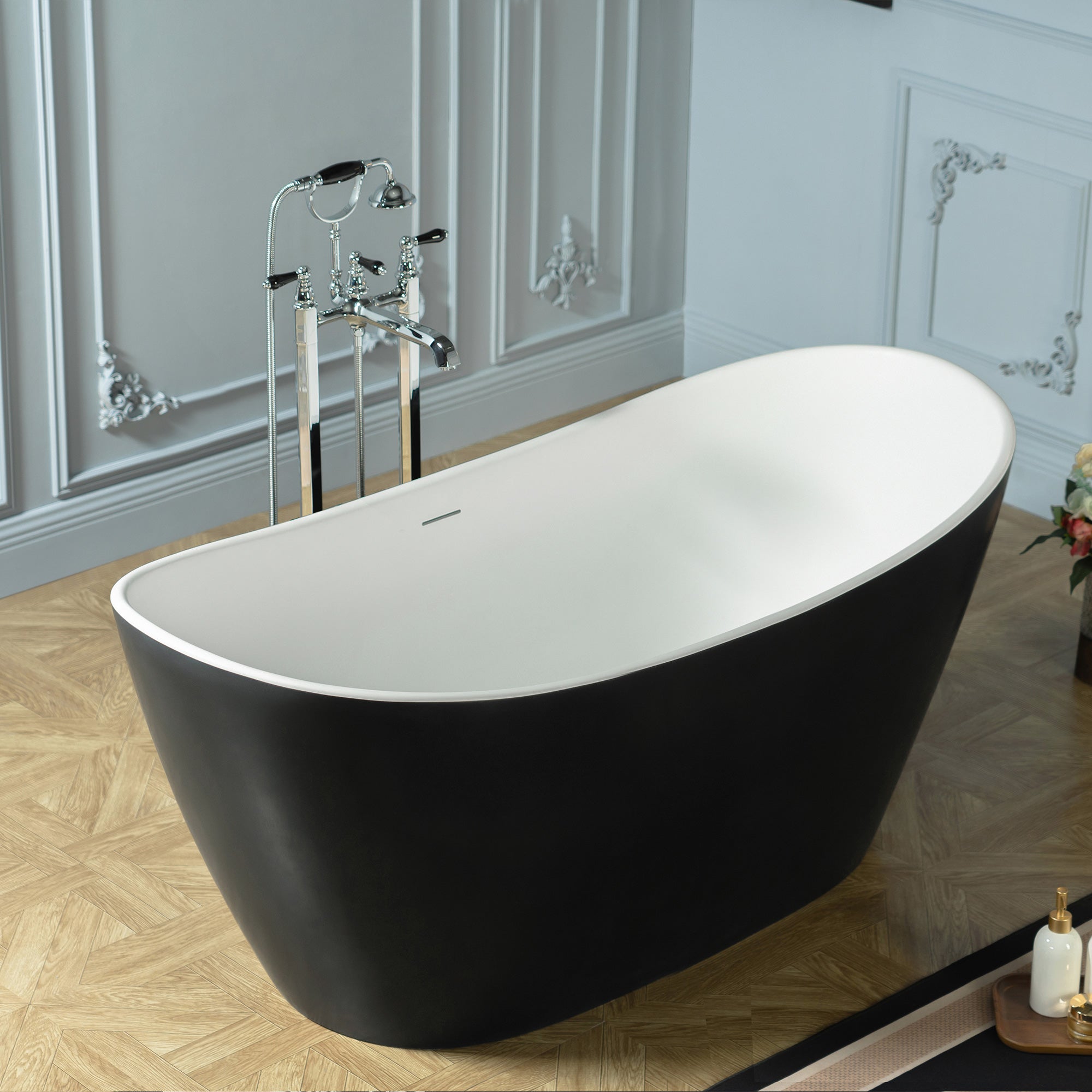 WOODBRIDGE 67 in. x 31.5 in. Stone Resin Luxury Contemporary Solid Surface Freestanding Bathtub in Matte Black?White?