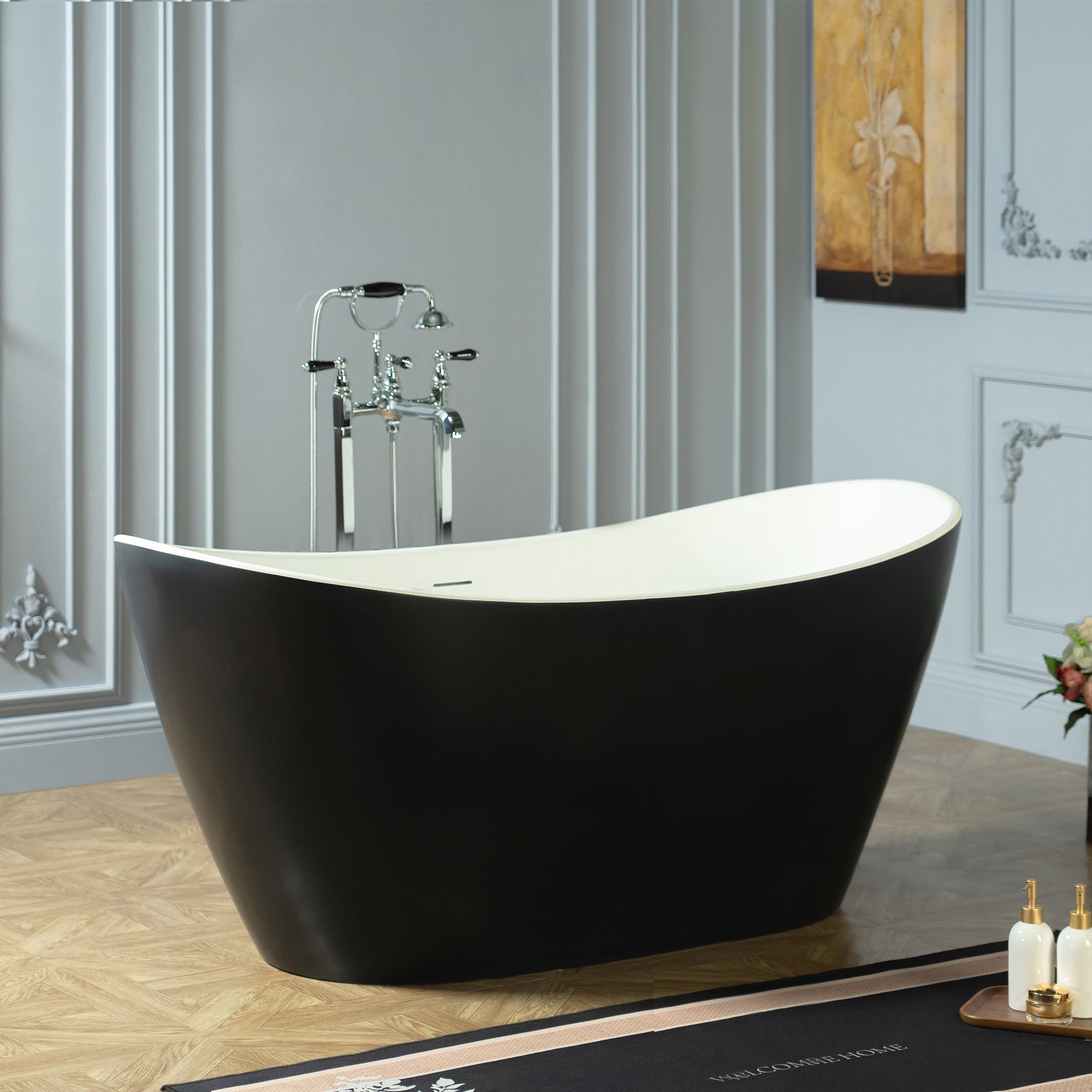 WOODBRIDGE 67 in. x 31.5 in. Stone Resin Luxury Contemporary Solid Surface Freestanding Bathtub in Matte Black?White?