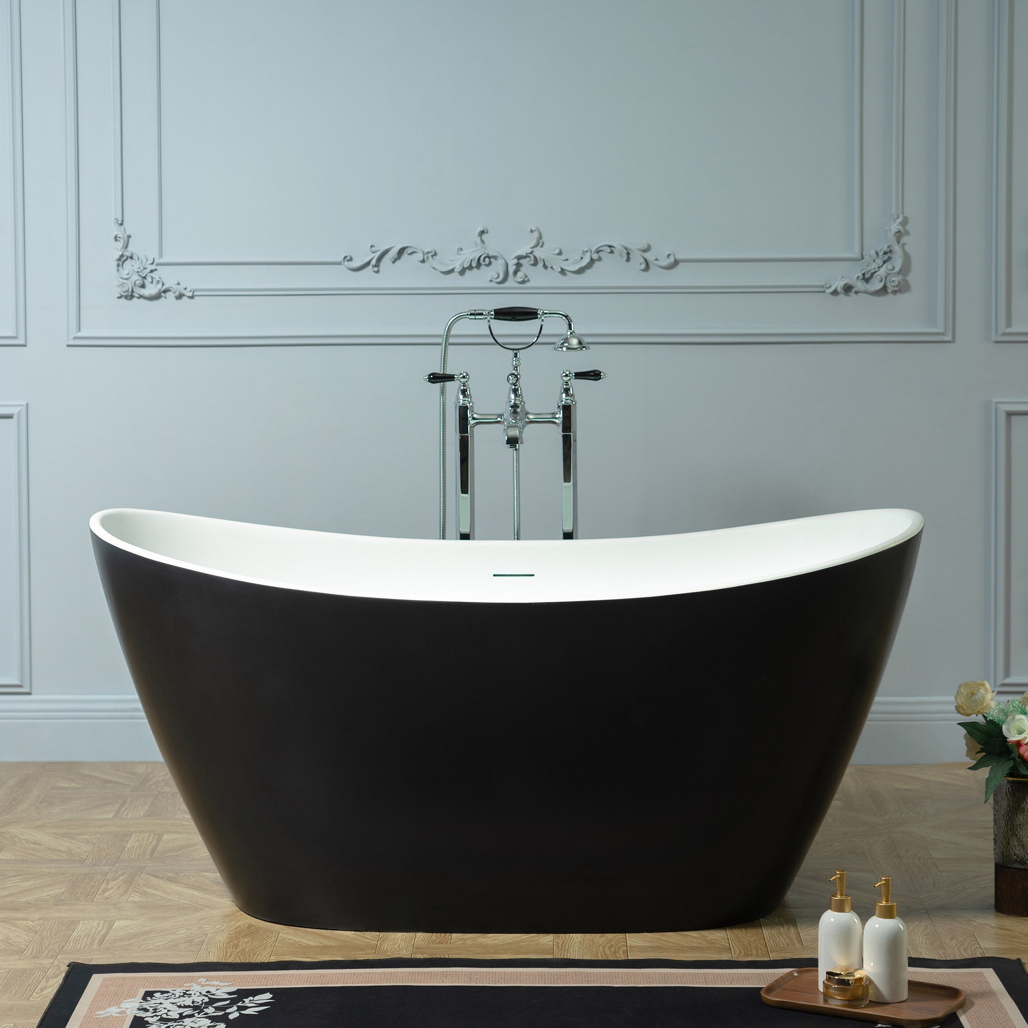 WOODBRIDGE 59 in. x 29.13 in. Stone Resin Luxury Contemporary Solid Surface Freestanding Bathtub in Matte Black?White?