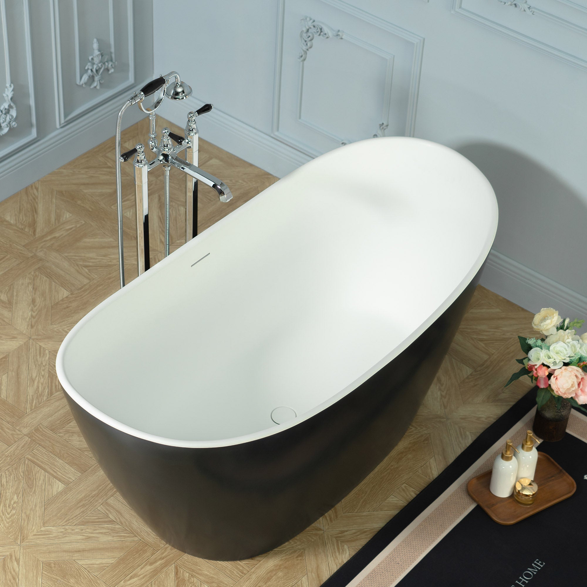 WOODBRIDGE 59 in. x 29.13 in. Stone Resin Luxury Contemporary Solid Surface Freestanding Bathtub in Matte Black?White?