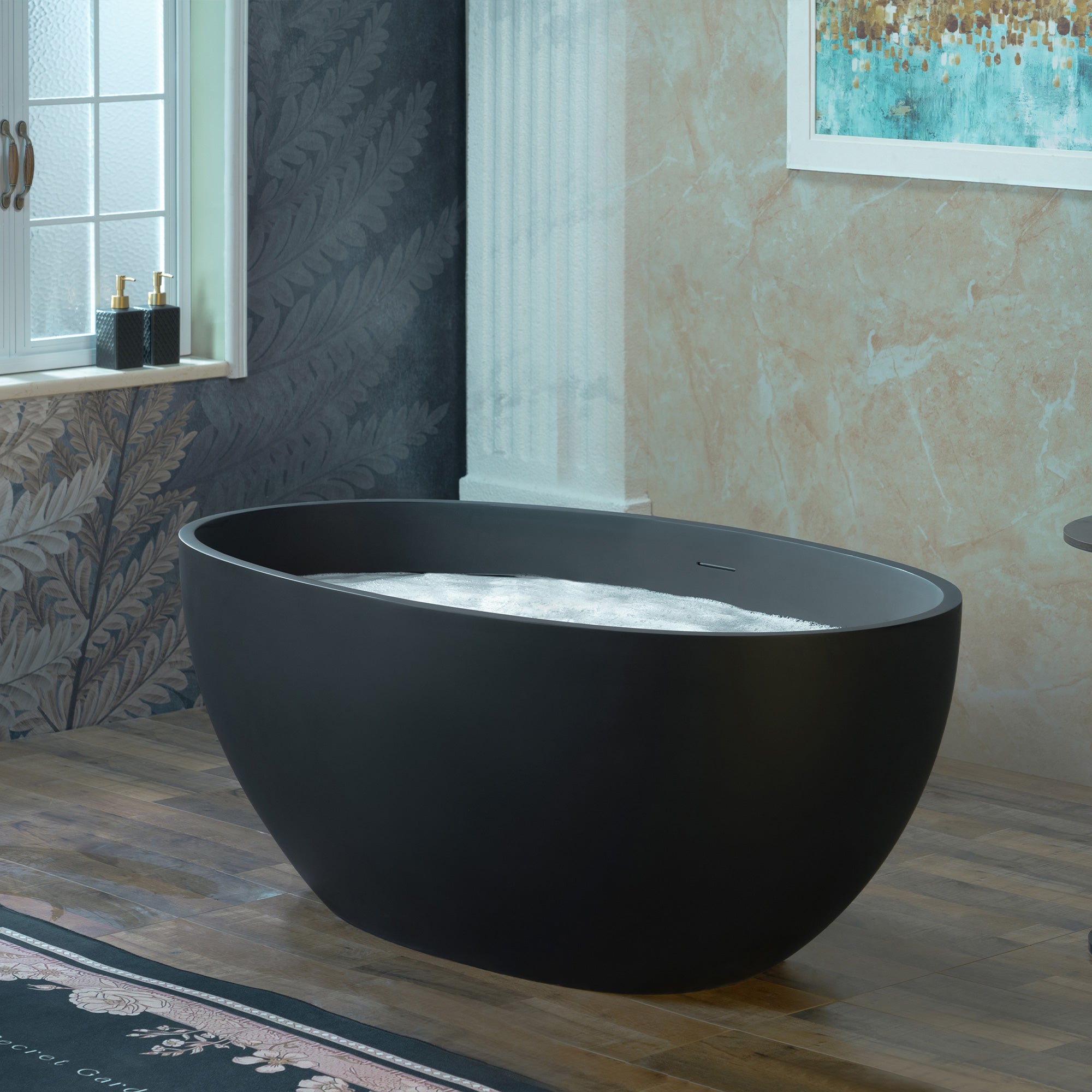 WOODBRIDGE 55-1/8" L x 30-3/4" W Luxury Contemporary Solid Surface Stone Resin Freestanding Bathtub in Matte Black