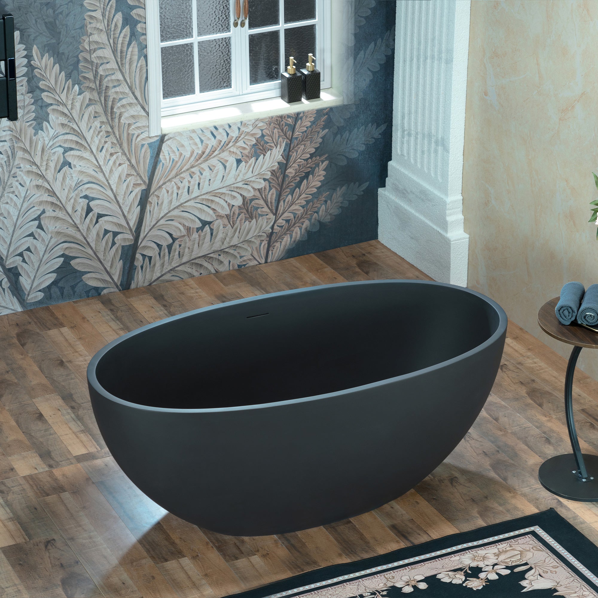 WOODBRIDGE 55-1/8" L x 30-3/4" W Luxury Contemporary Solid Surface Stone Resin Freestanding Bathtub in Matte Black