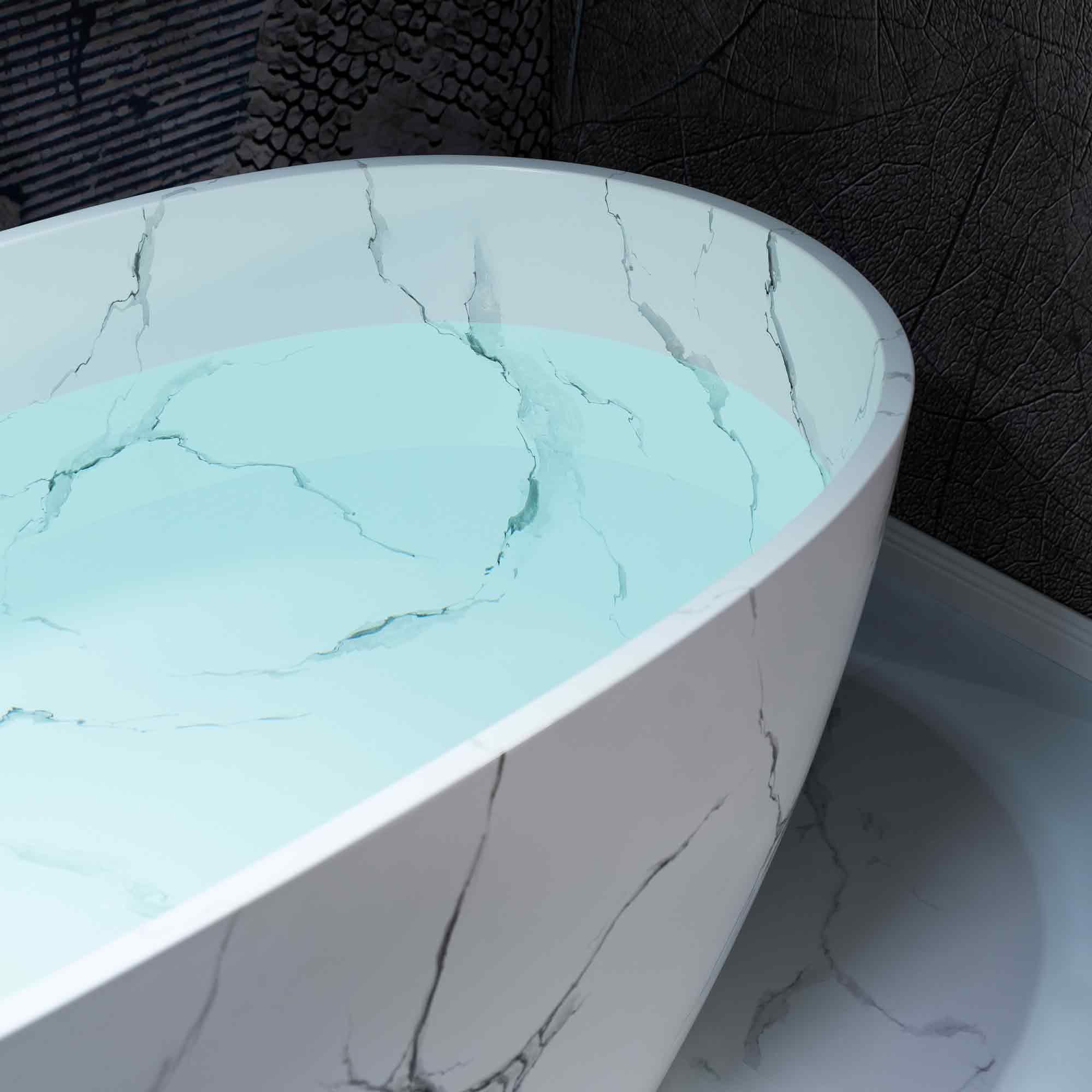 WOODBRIDGE 63" Marble-Pattern Stone Resin Freestanding Soaking Tub, Modern Oval Solid Surface Bathtub with Integrated Slotted Overflow & Drain, Matte Finish, CST0744