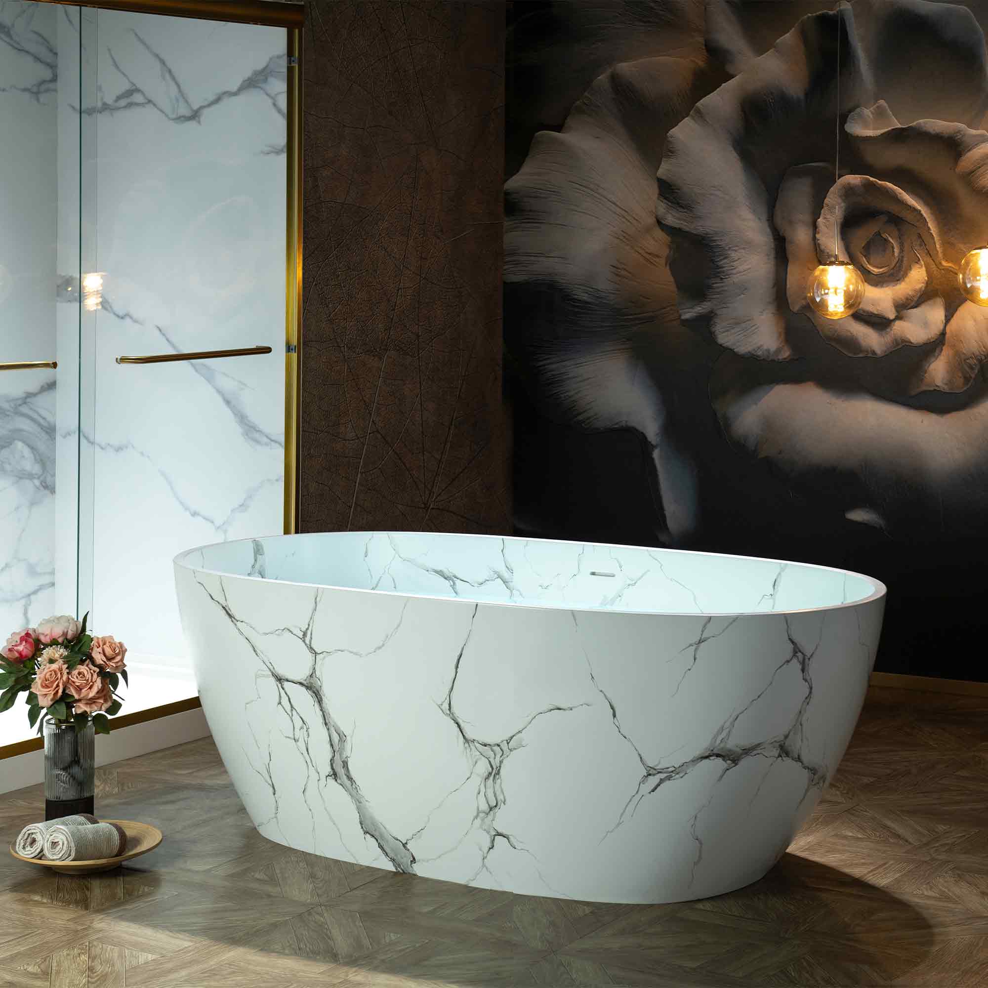WOODBRIDGE 63" Marble-Pattern Stone Resin Freestanding Soaking Tub, Modern Oval Solid Surface Bathtub with Integrated Slotted Overflow & Drain, Matte Finish, CST0744