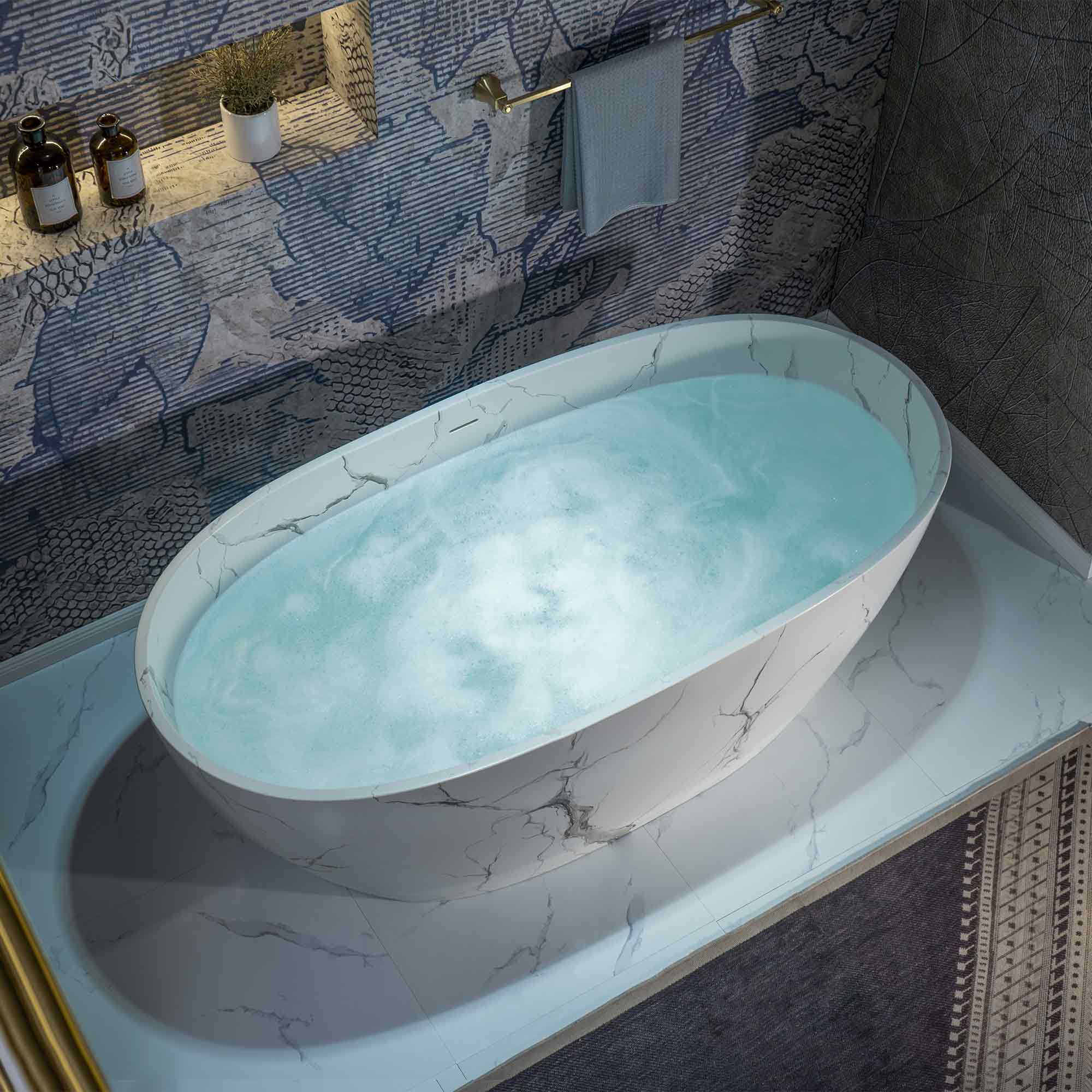 WOODBRIDGE 63" Marble-Pattern Stone Resin Freestanding Soaking Tub, Modern Oval Solid Surface Bathtub with Integrated Slotted Overflow & Drain, Matte Finish, CST0744