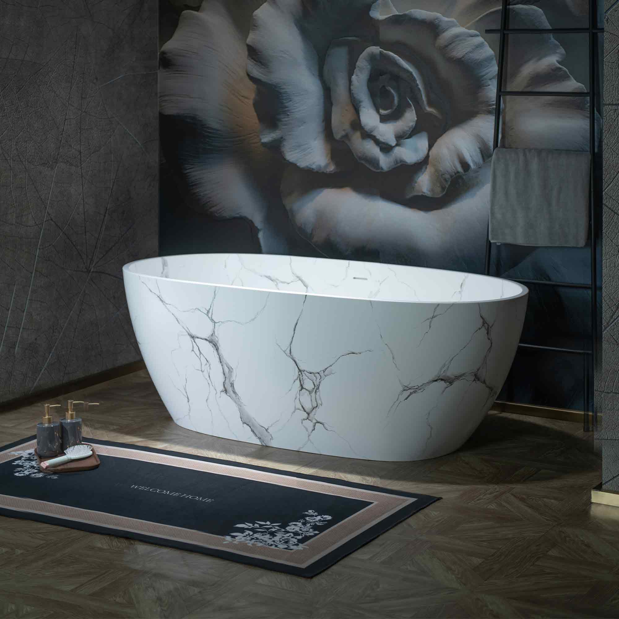 WOODBRIDGE 63" Marble-Pattern Stone Resin Freestanding Soaking Tub, Modern Oval Solid Surface Bathtub with Integrated Slotted Overflow & Drain, Matte Finish, CST0744