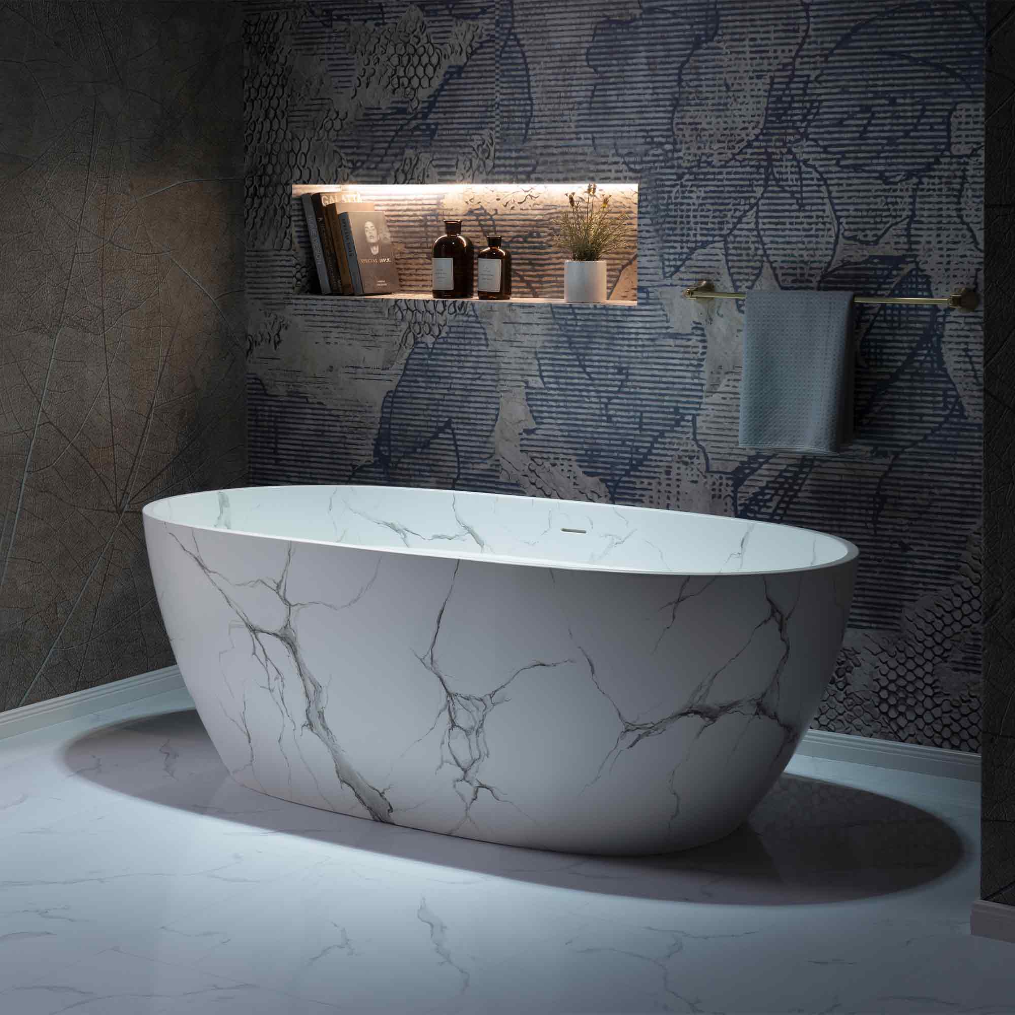 WOODBRIDGE 63" Marble-Pattern Stone Resin Freestanding Soaking Tub, Modern Oval Solid Surface Bathtub with Integrated Slotted Overflow & Drain, Matte Finish, CST0744