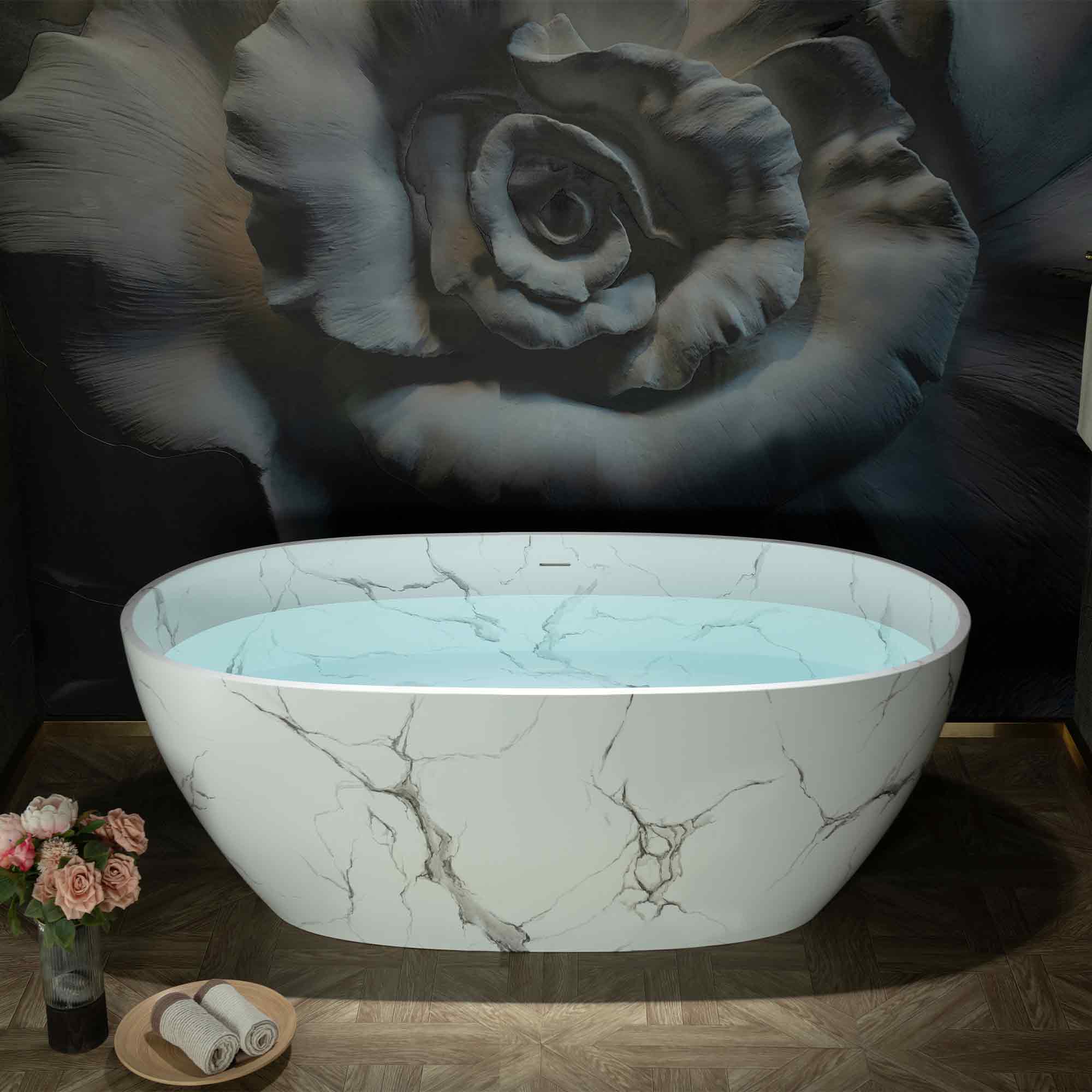 WOODBRIDGE 63" Marble-Pattern Stone Resin Freestanding Soaking Tub, Modern Oval Solid Surface Bathtub with Integrated Slotted Overflow & Drain, Matte Finish, CST0744