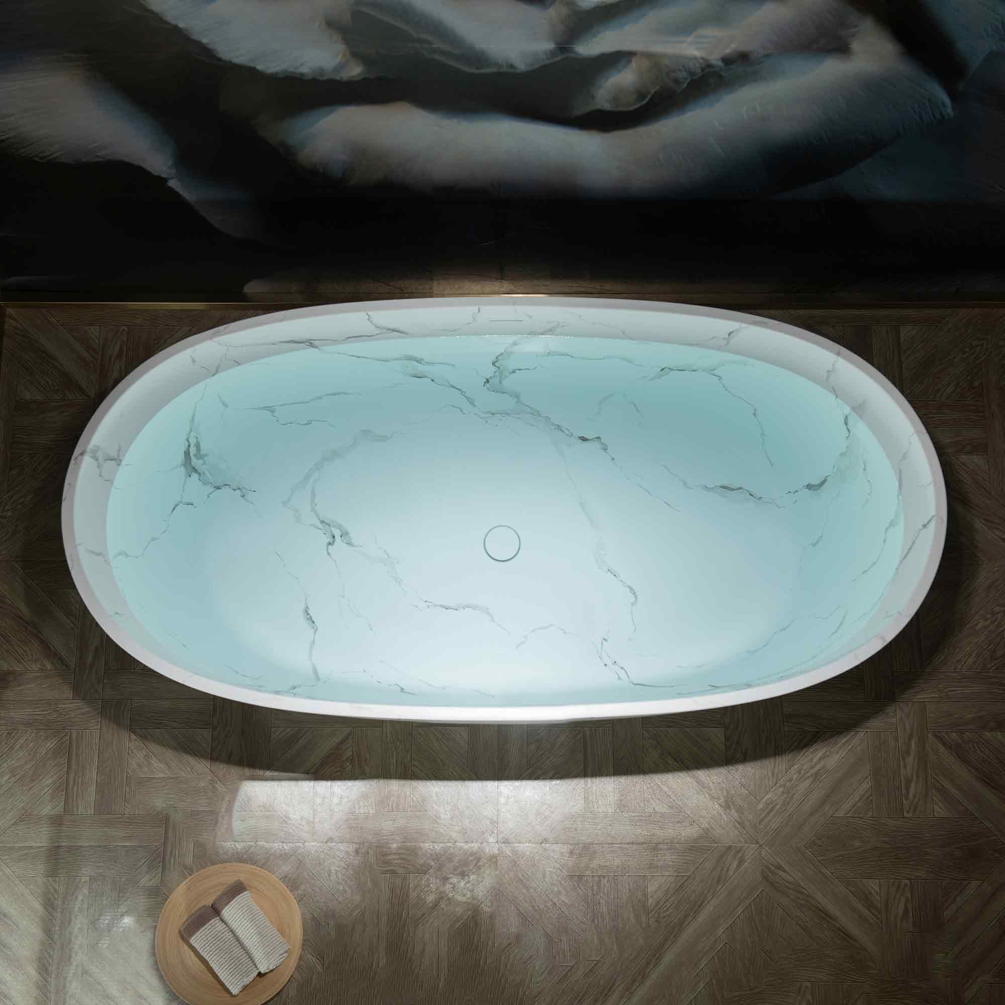 WOODBRIDGE 63" Marble-Pattern Stone Resin Freestanding Soaking Tub, Modern Oval Solid Surface Bathtub with Integrated Slotted Overflow & Drain, Matte Finish, CST0744