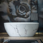 WOODBRIDGE 63" Marble-Pattern Stone Resin Freestanding Soaking Tub, Modern Oval Solid Surface Bathtub with Integrated Slotted Overflow & Drain, Matte Finish, CST0744