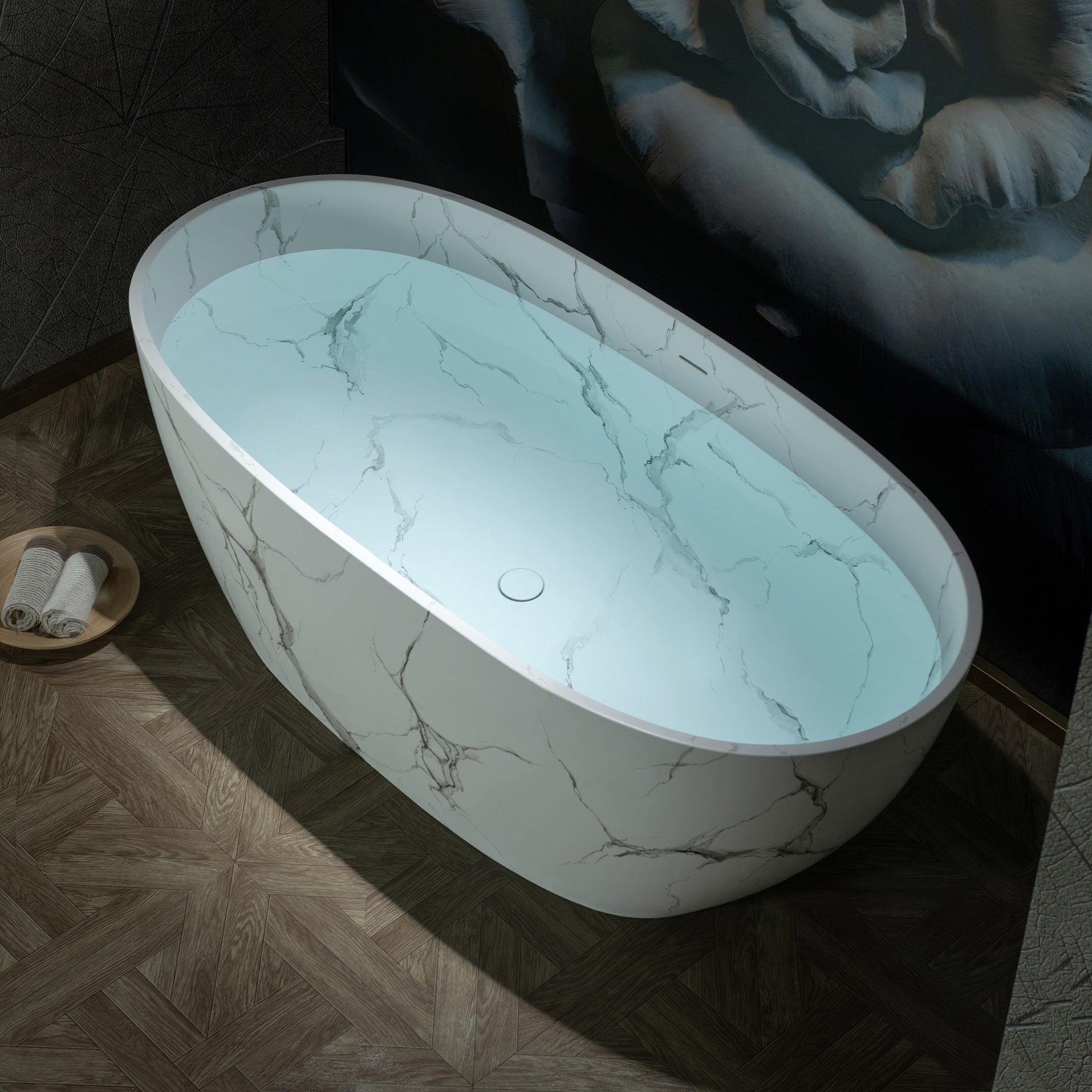 WOODBRIDGE 63" Marble-Pattern Stone Resin Freestanding Soaking Tub, Modern Oval Solid Surface Bathtub with Integrated Slotted Overflow & Drain, Matte Finish, CST0744