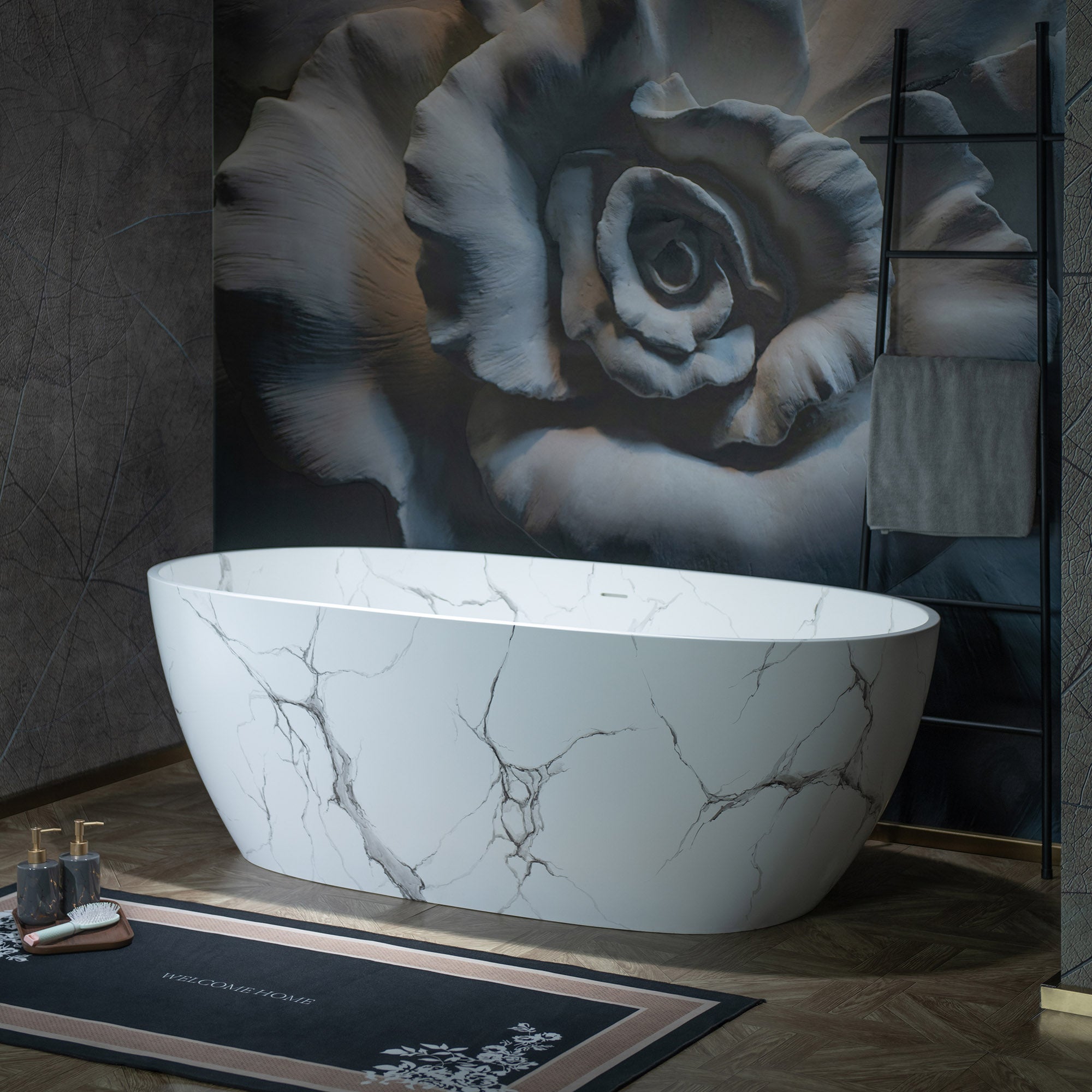 WOODBRIDGE 67" Marble-Pattern Stone Resin Freestanding Soaking Tub, Modern Oval Solid Surface Bathtub with Integrated Slotted Overflow & Drain, Matte Finish, CST0745