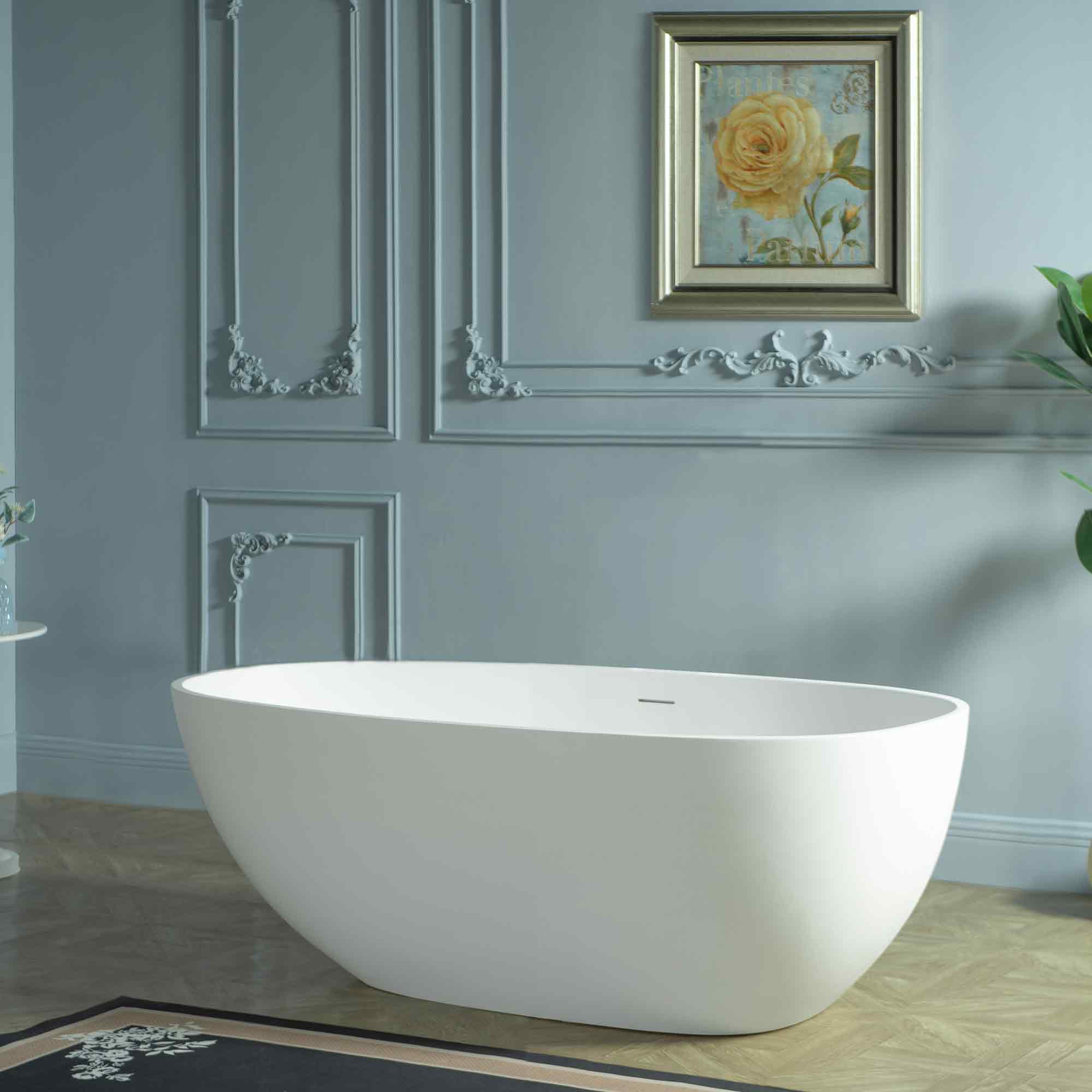 WOODBRIDGE 59" Egg-Shaped Solid Surface Freestanding Soaking Tub, Modern Oval Stone Resin Bathtub with Integrated Slotted Overflow & Drain, Matte White, EST0701